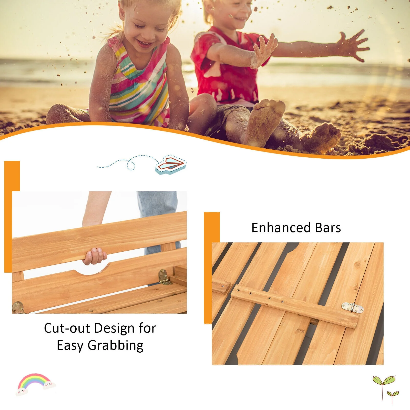 Kids Wooden Sandbox With 2 Foldable Bench Seats, Brown - Image 10