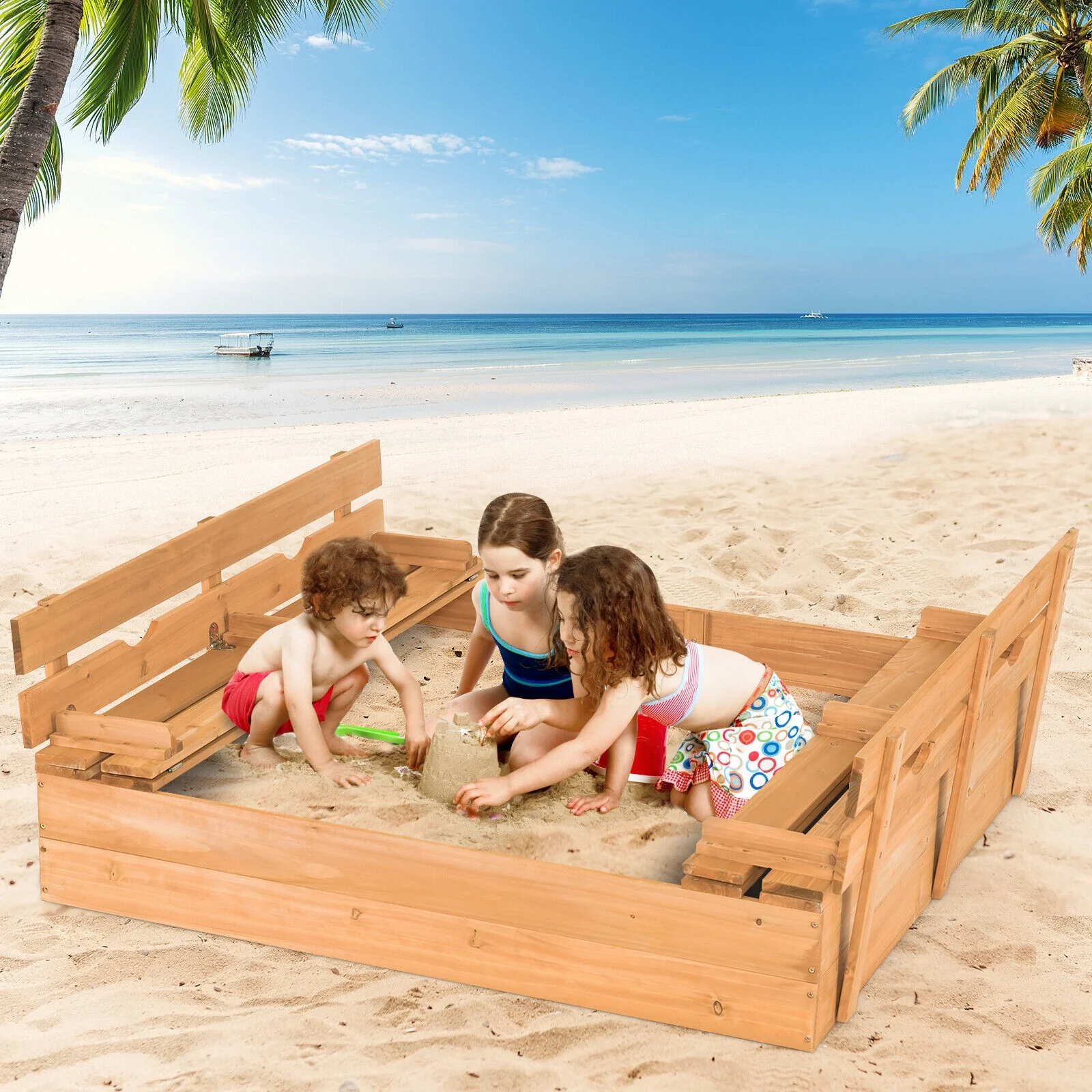 Kids Wooden Sandbox With 2 Foldable Bench Seats, Brown - Image 2