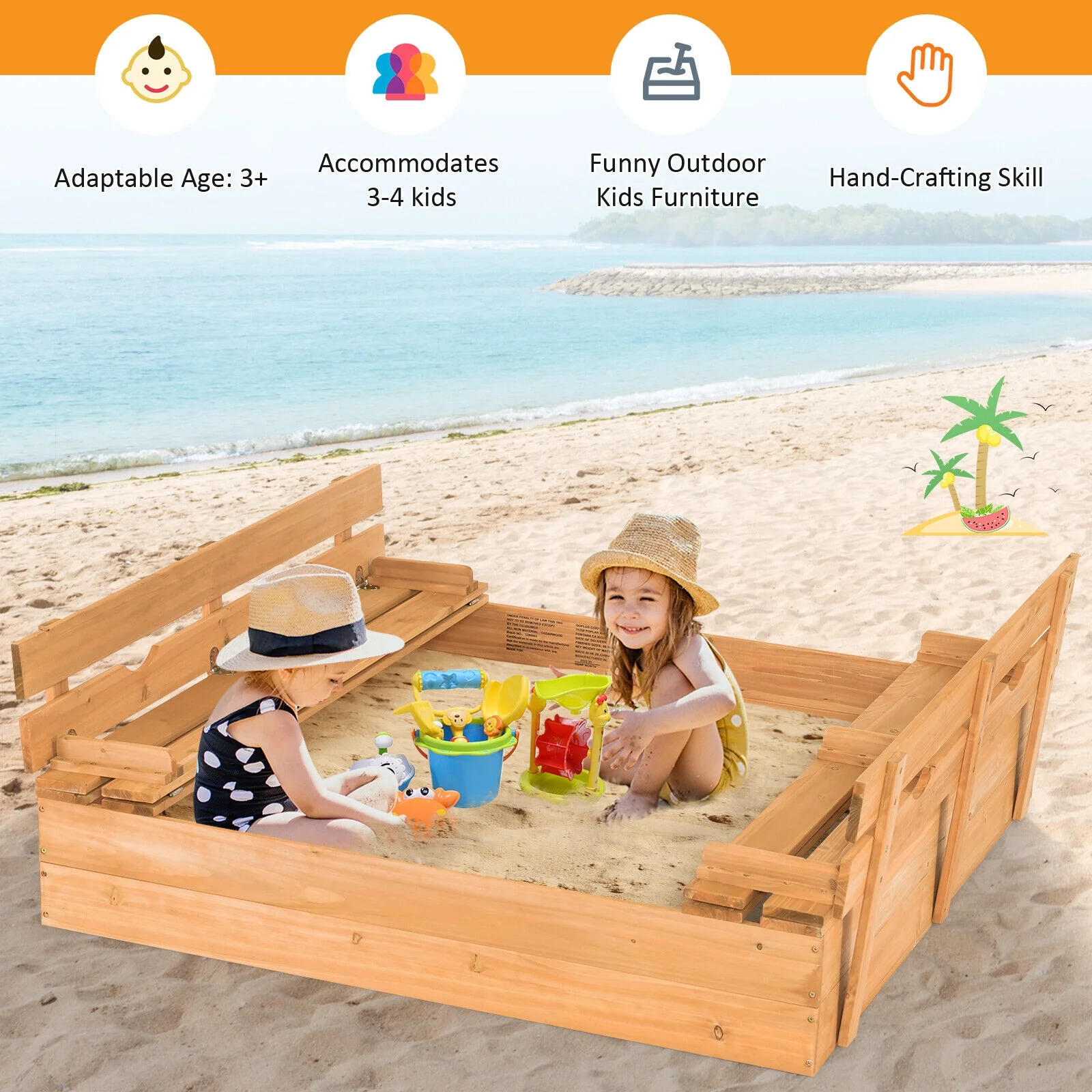 Kids Wooden Sandbox With 2 Foldable Bench Seats, Brown - Image 3