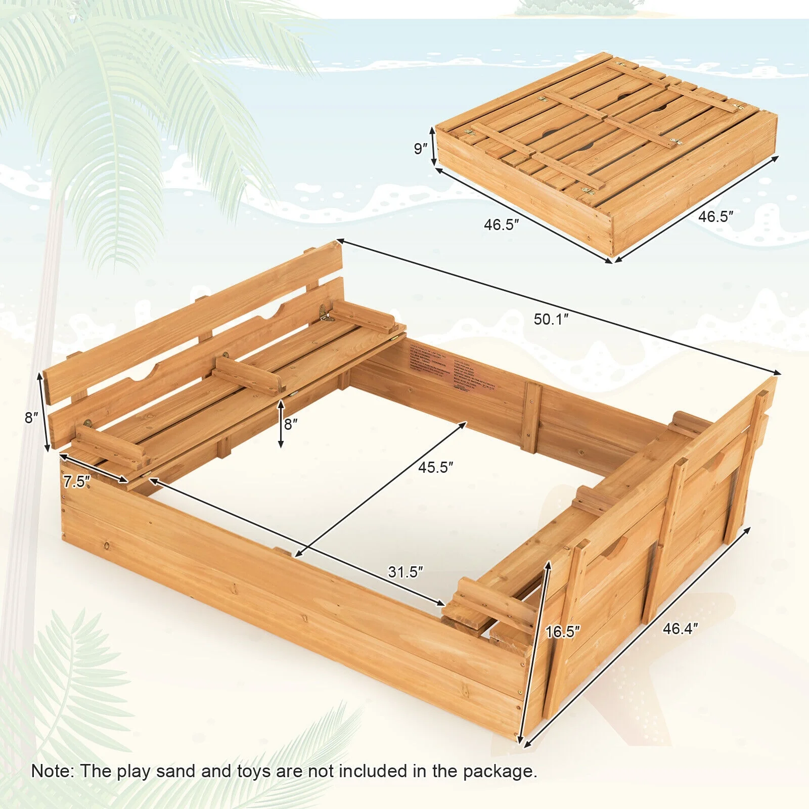 Kids Wooden Sandbox With 2 Foldable Bench Seats, Brown - Image 5