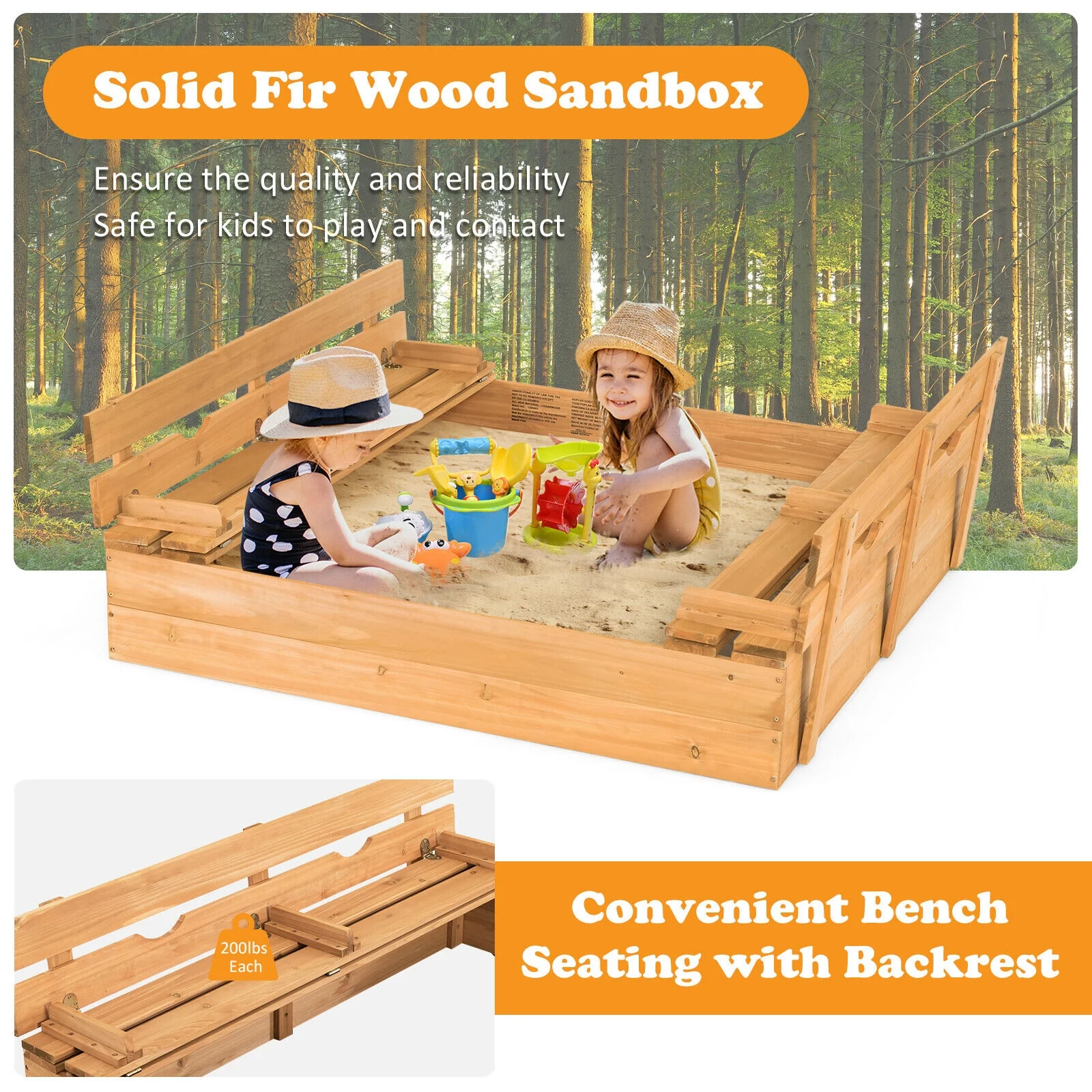 Kids Wooden Sandbox With 2 Foldable Bench Seats, Brown - Image 6