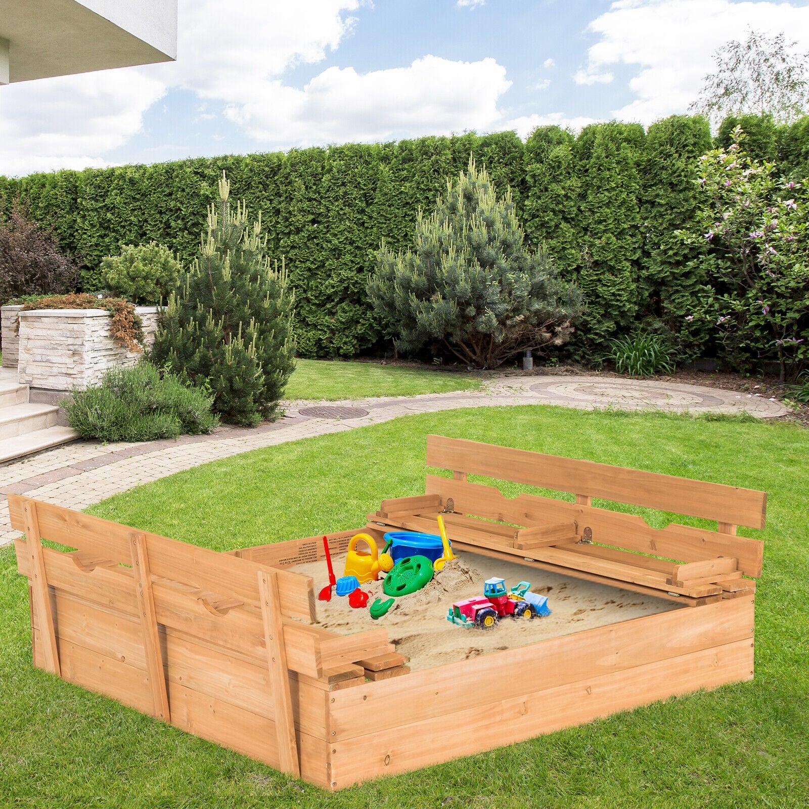 Kids Wooden Sandbox With 2 Foldable Bench Seats, Brown - Image 7