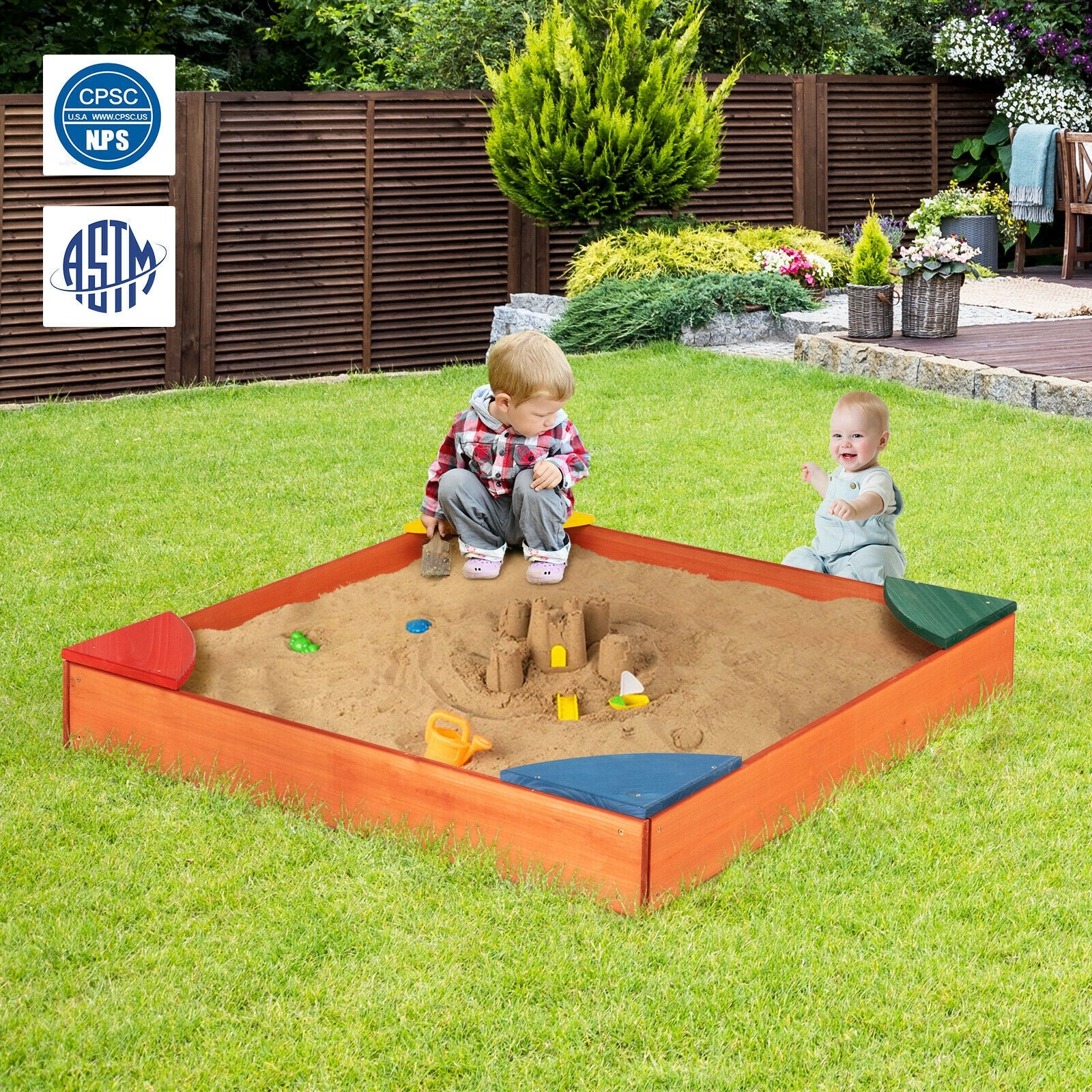 Kids Wooden Sandbox With Corner Seating, Multicolor - Image 3