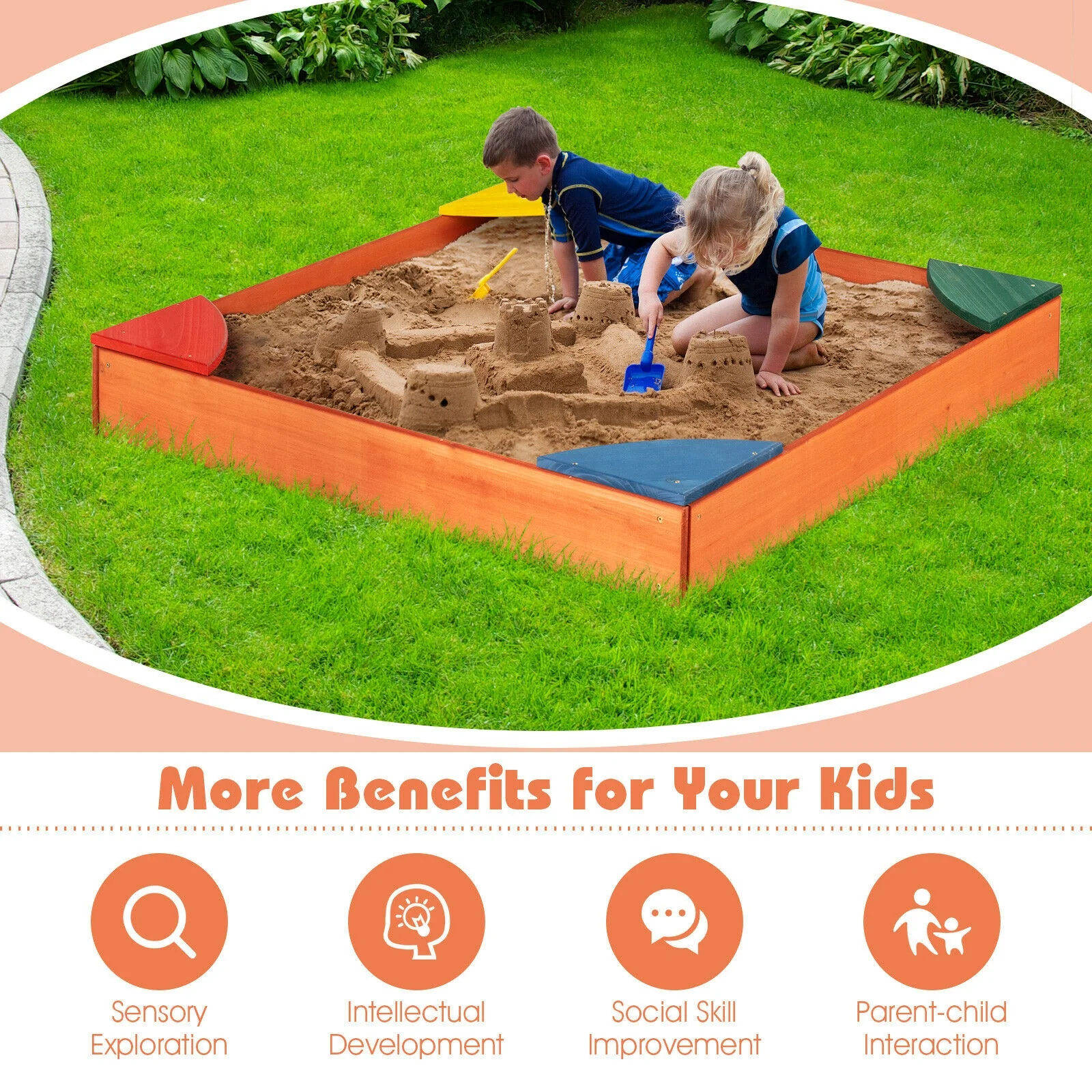 Kids Wooden Sandbox With Corner Seating, Multicolor - Image 7