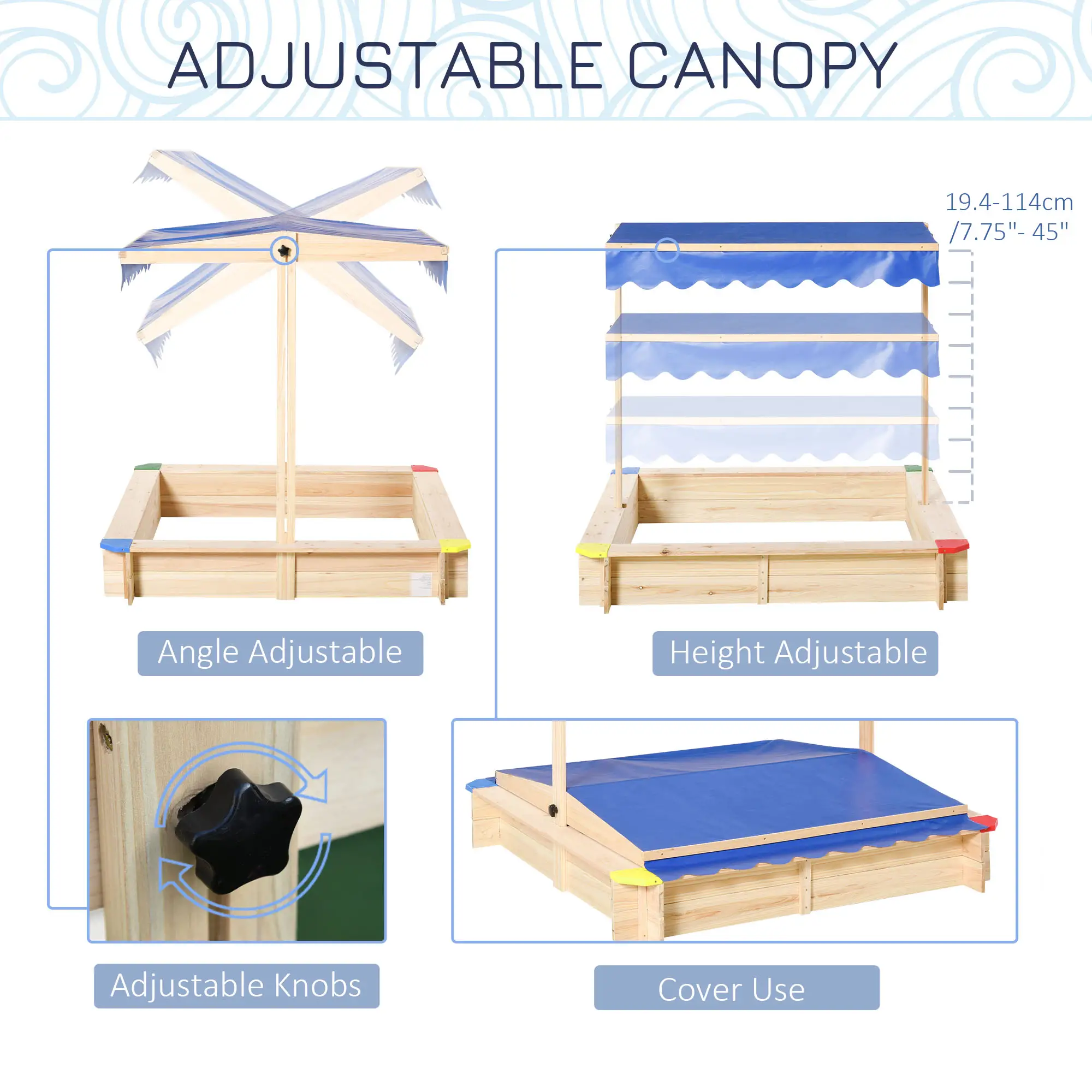 Kids Wooden Sandbox With Cover, 47" x 47" x 47", Natural - Image 5