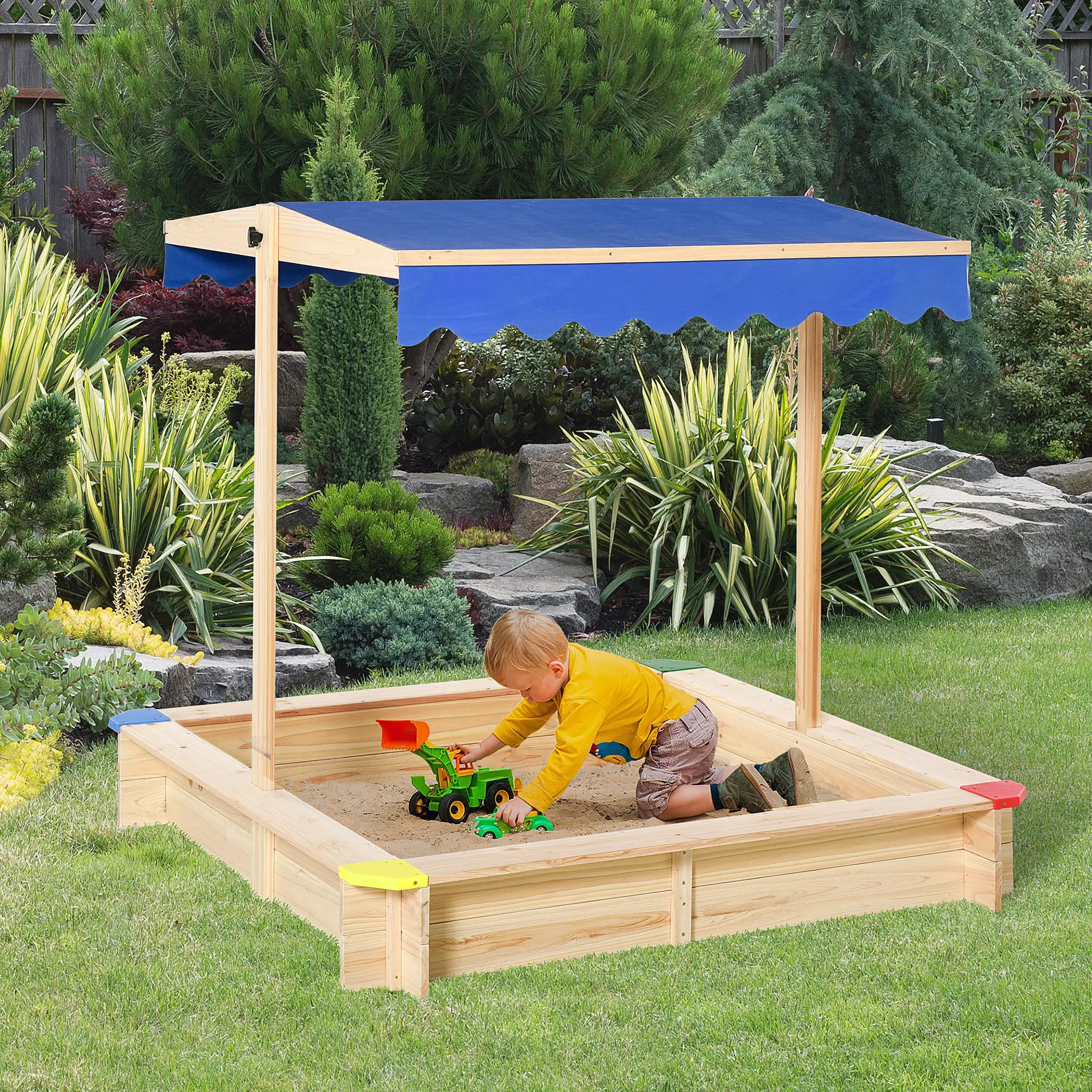 Kids Wooden Sandbox With Cover, 47" x 47" x 47", Natural - Image 8