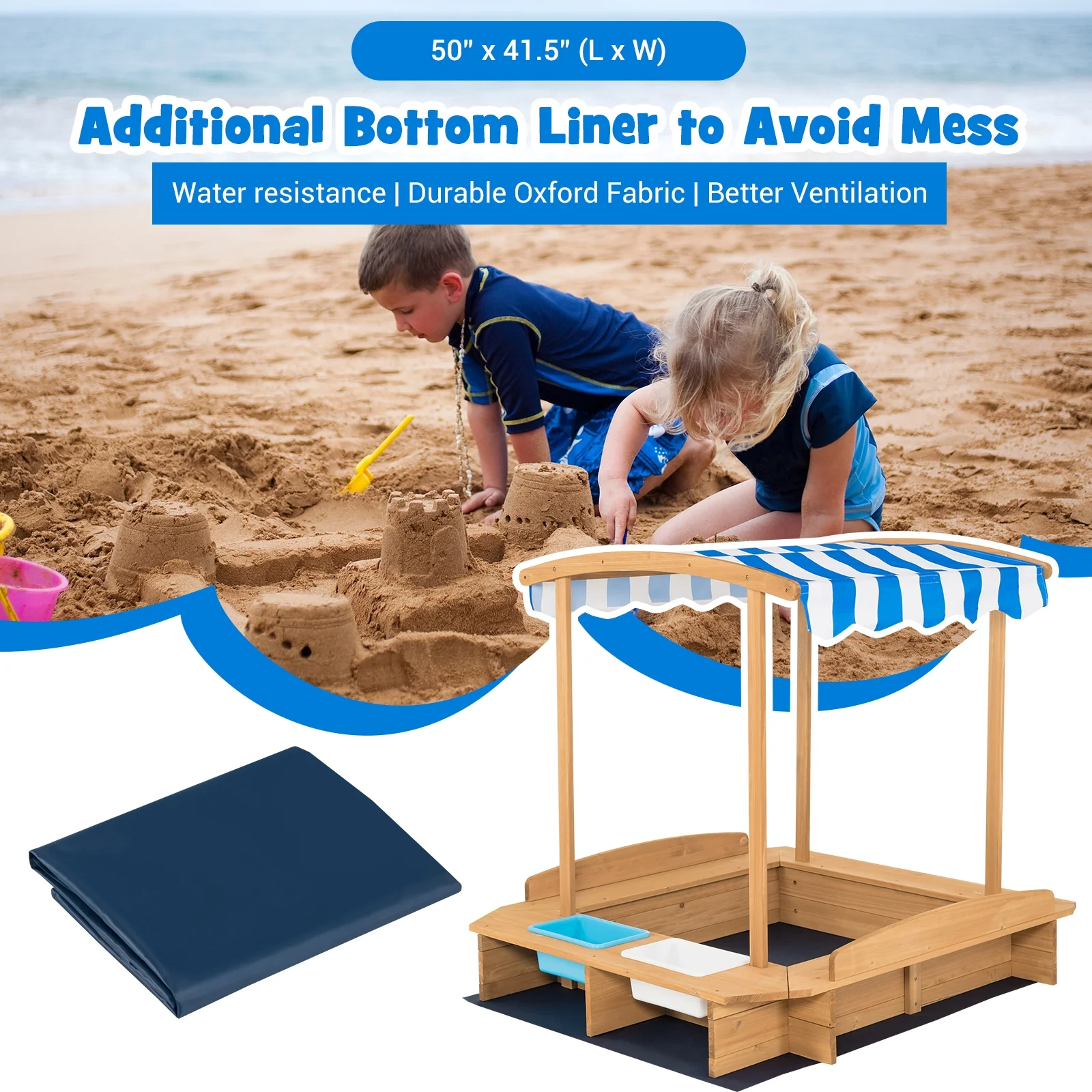 Kids Wooden Sandbox With Striped Canopy, Brown - Image 10