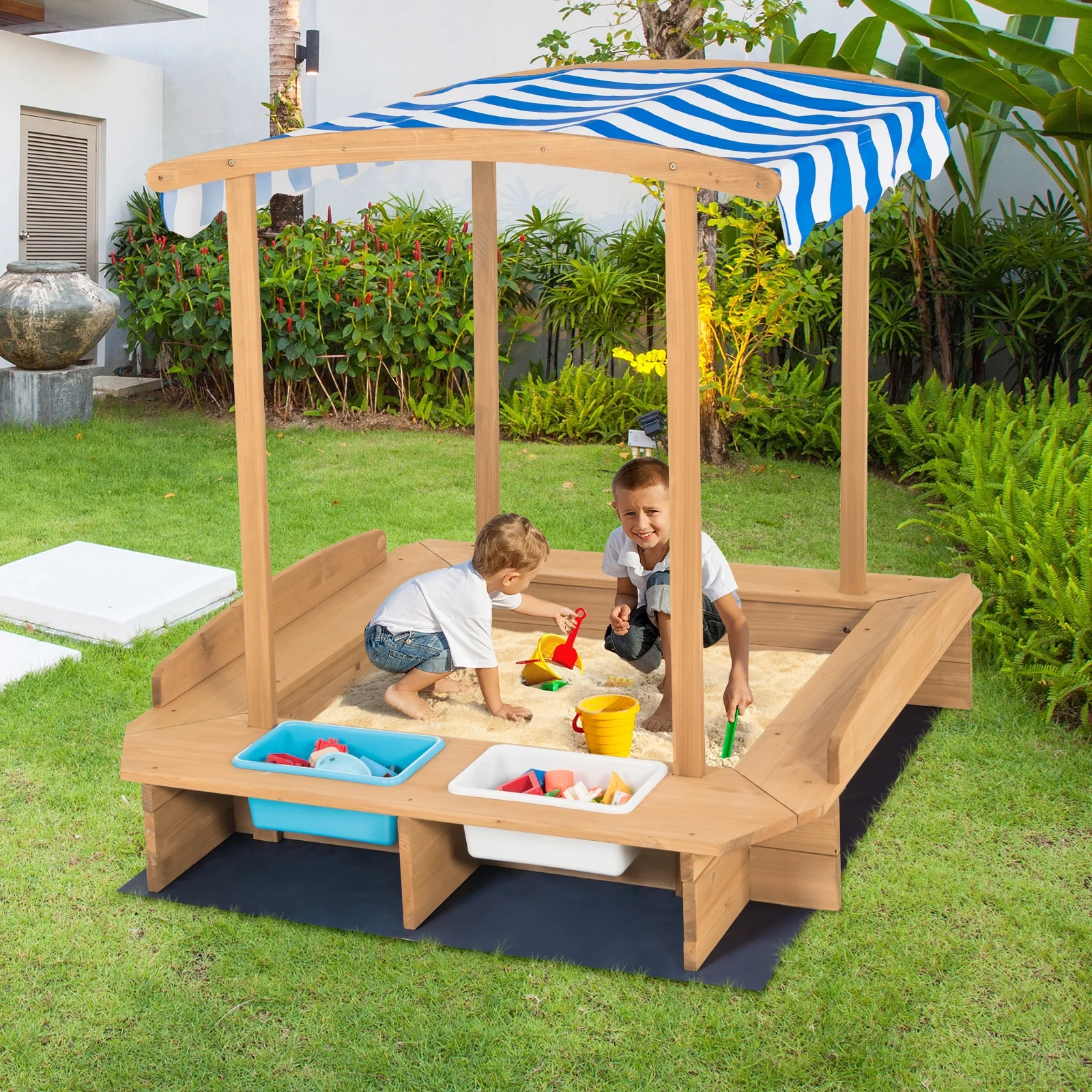 Kids Wooden Sandbox With Striped Canopy, Brown - Image 2