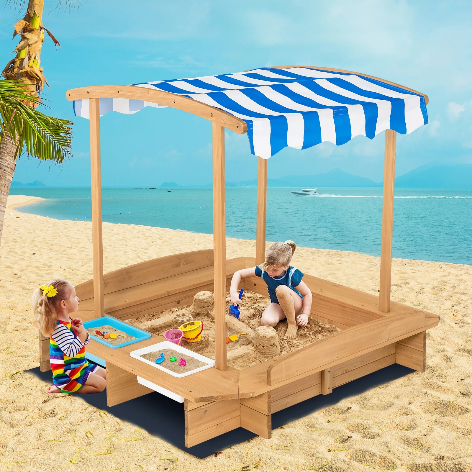 Kids Wooden Sandbox With Striped Canopy, Brown - Image 3