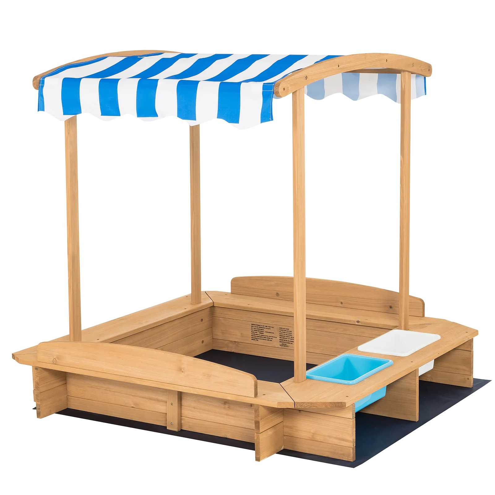 Kids Wooden Sandbox With Striped Canopy, Brown - Image 4