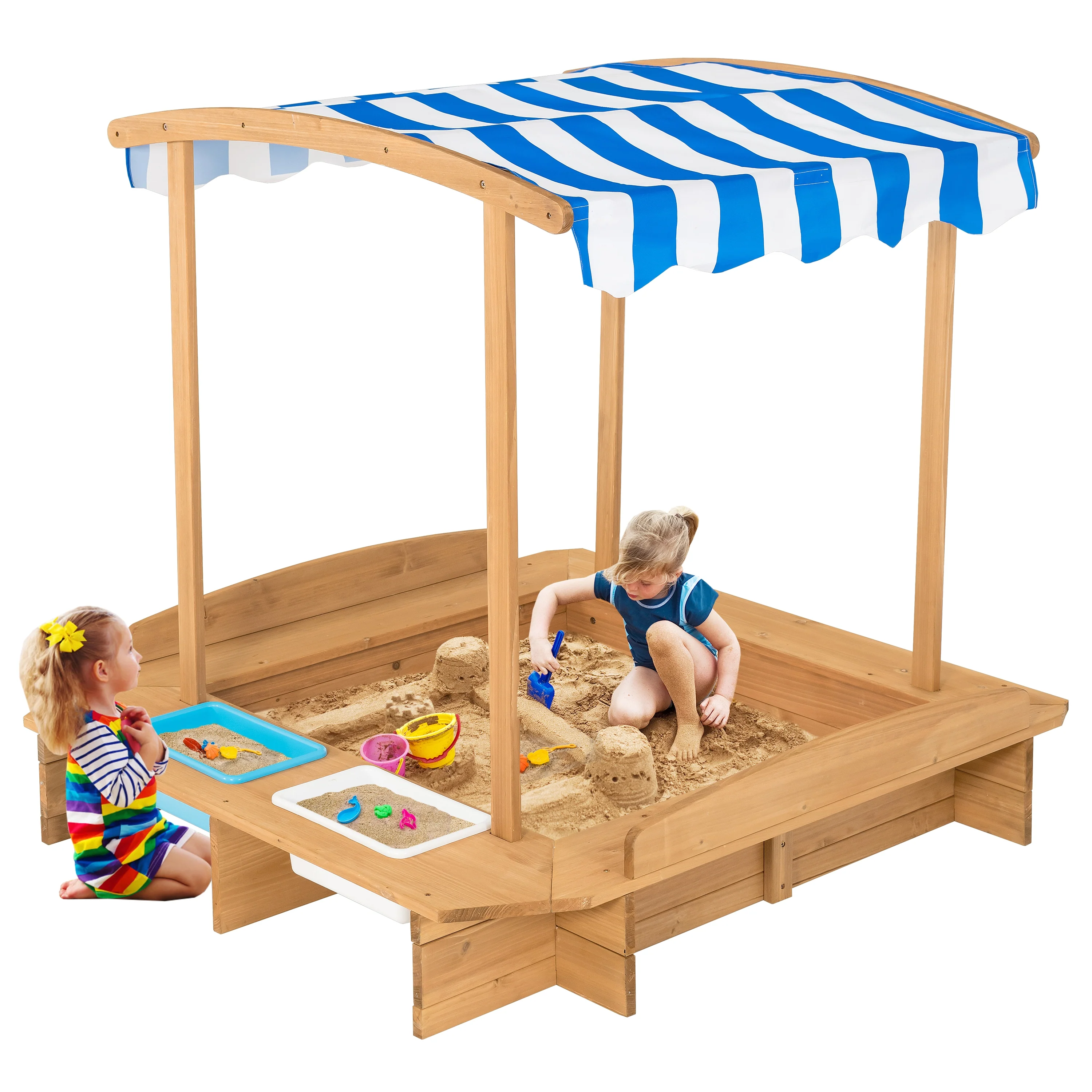 Kids Wooden Sandbox With Striped Canopy, Brown - Image 5