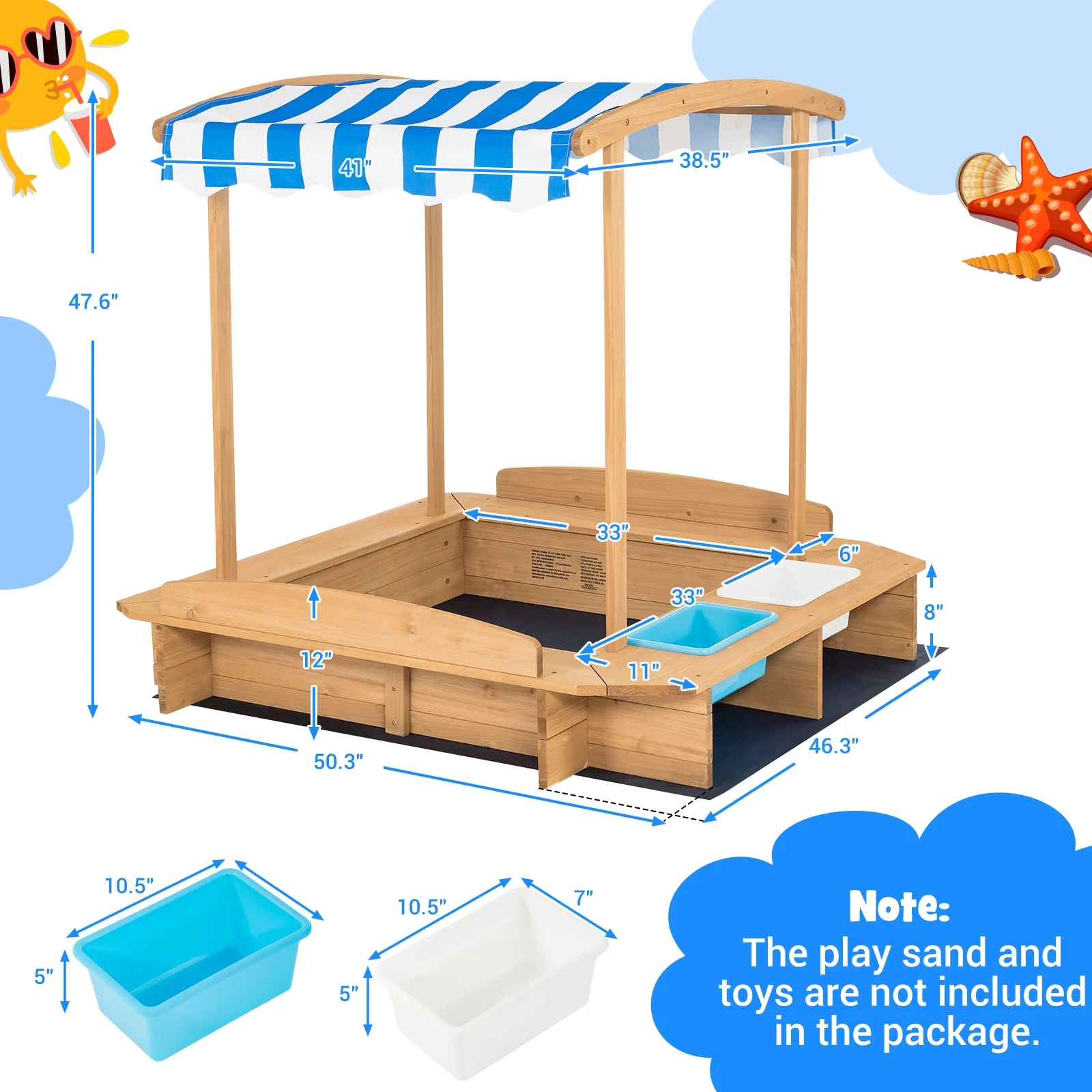 Kids Wooden Sandbox With Striped Canopy, Brown - Image 6