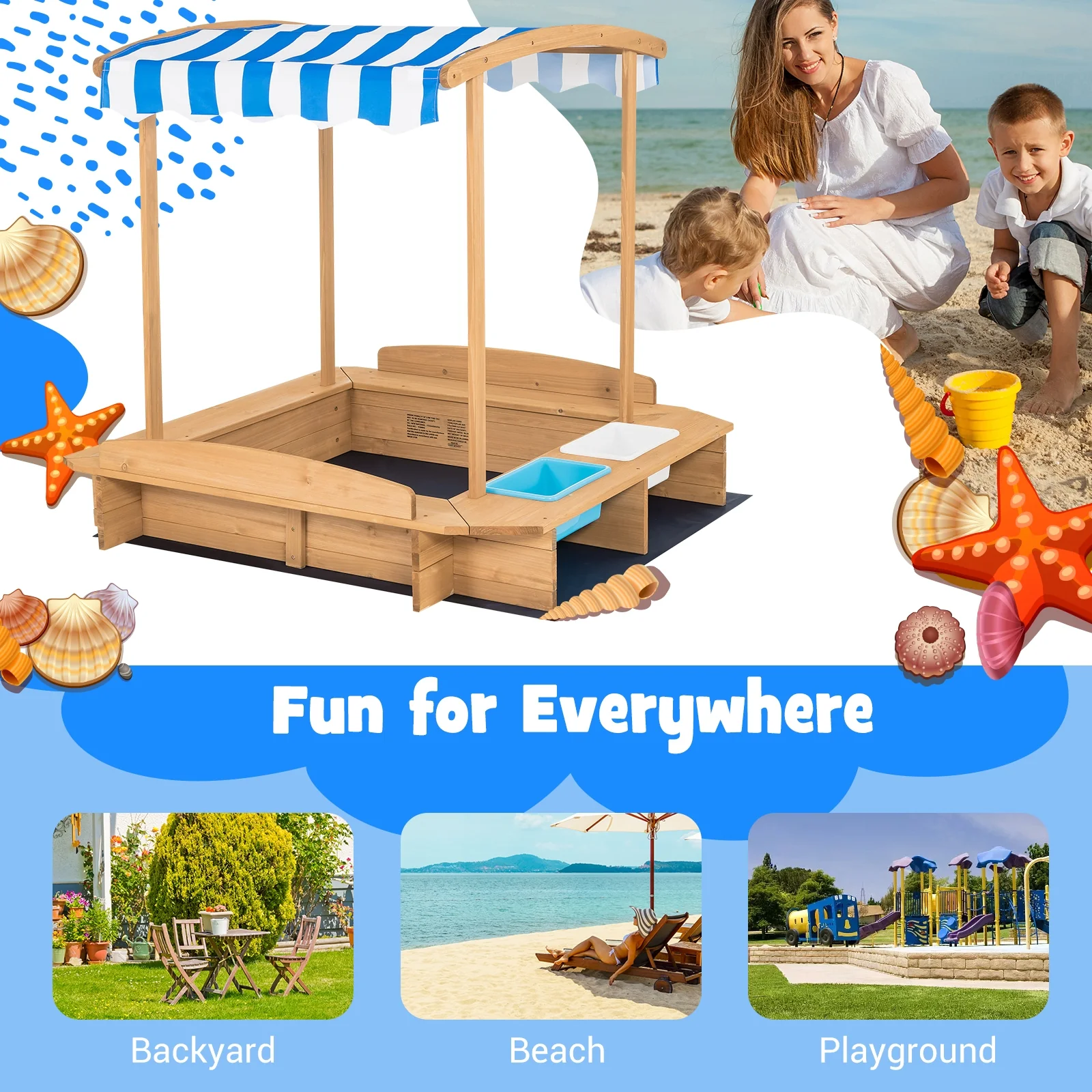 Kids Wooden Sandbox With Striped Canopy, Brown - Image 7