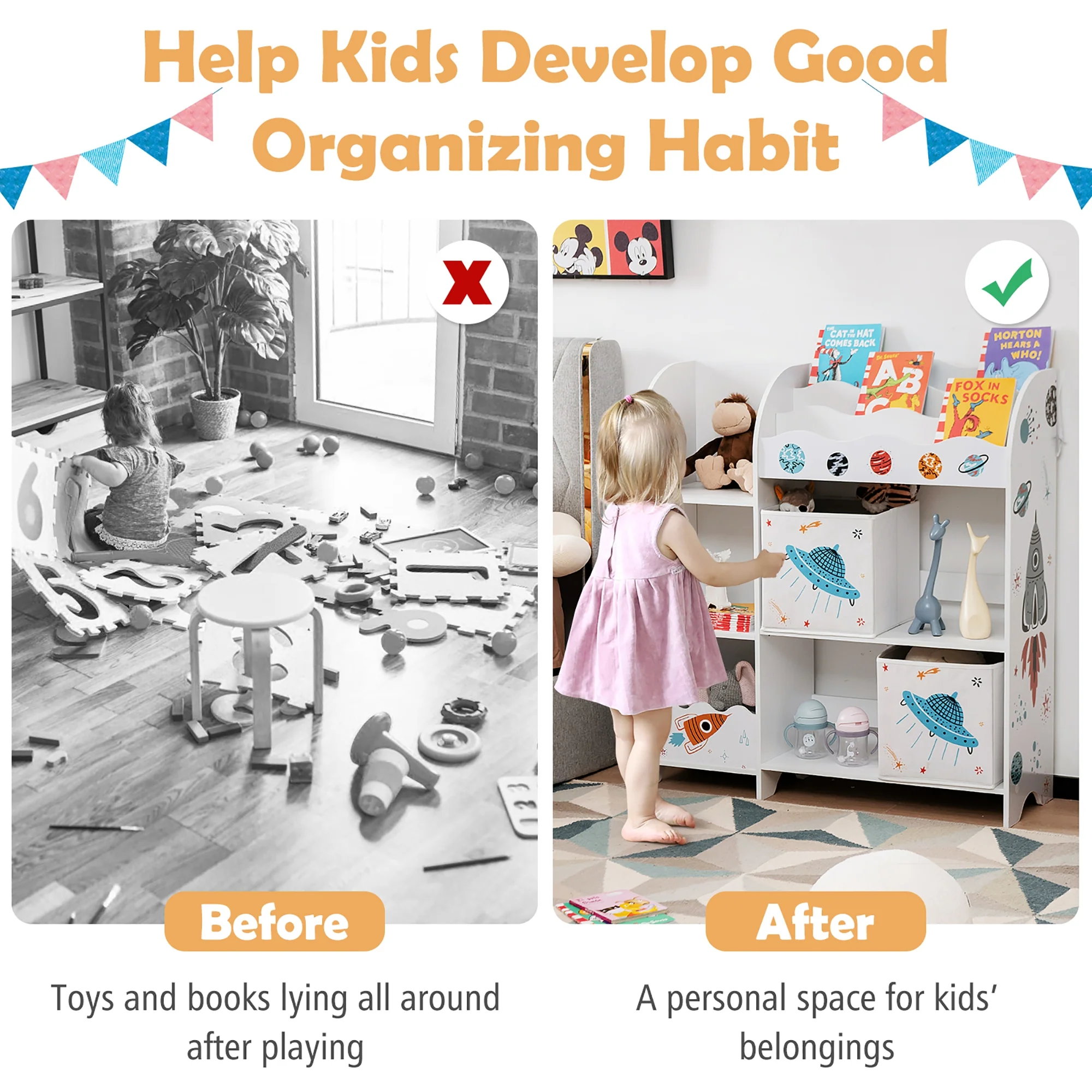 Kids Wooden Storage Cabinet, With Storage Bins, White - Image 10