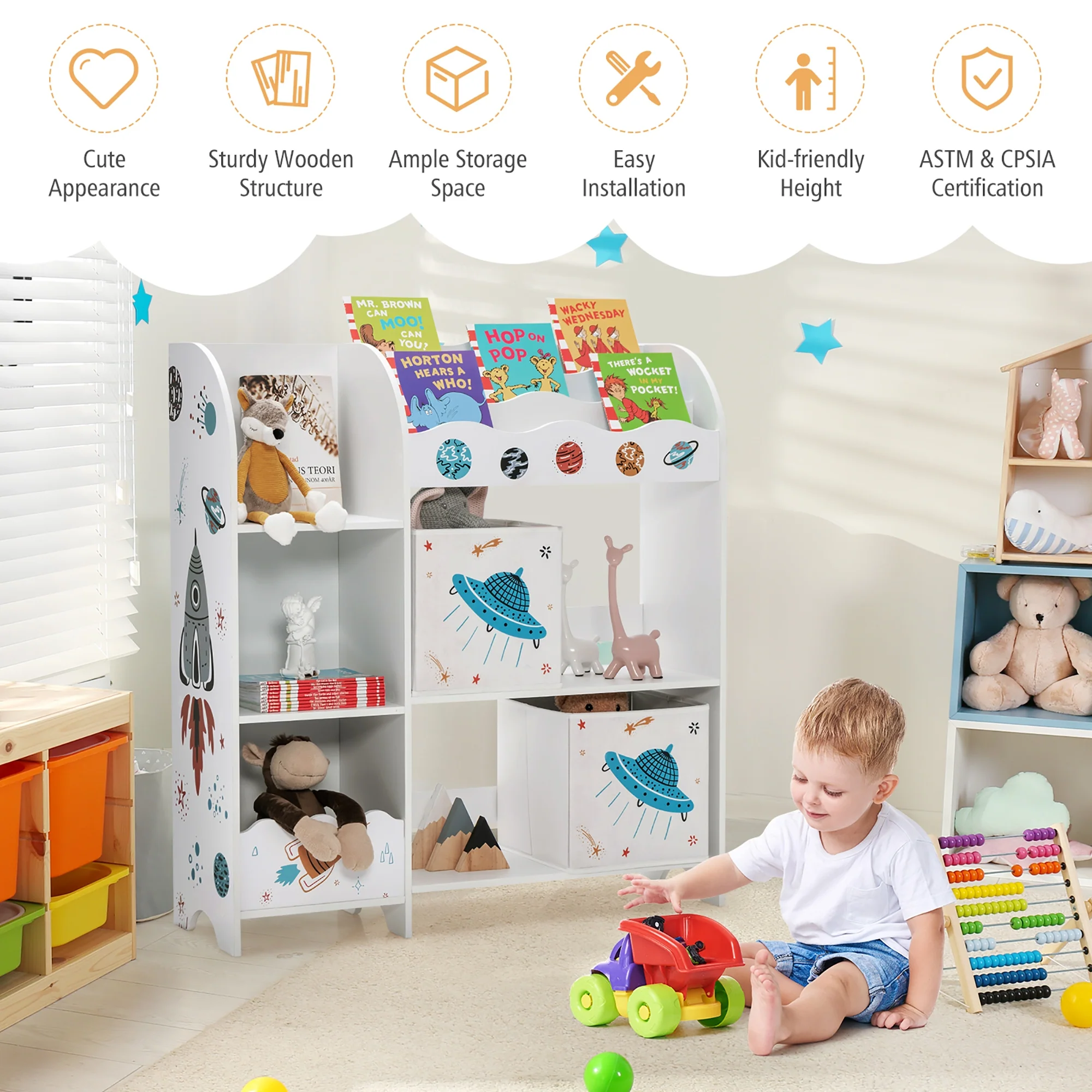 Kids Wooden Storage Cabinet, With Storage Bins, White - Image 7