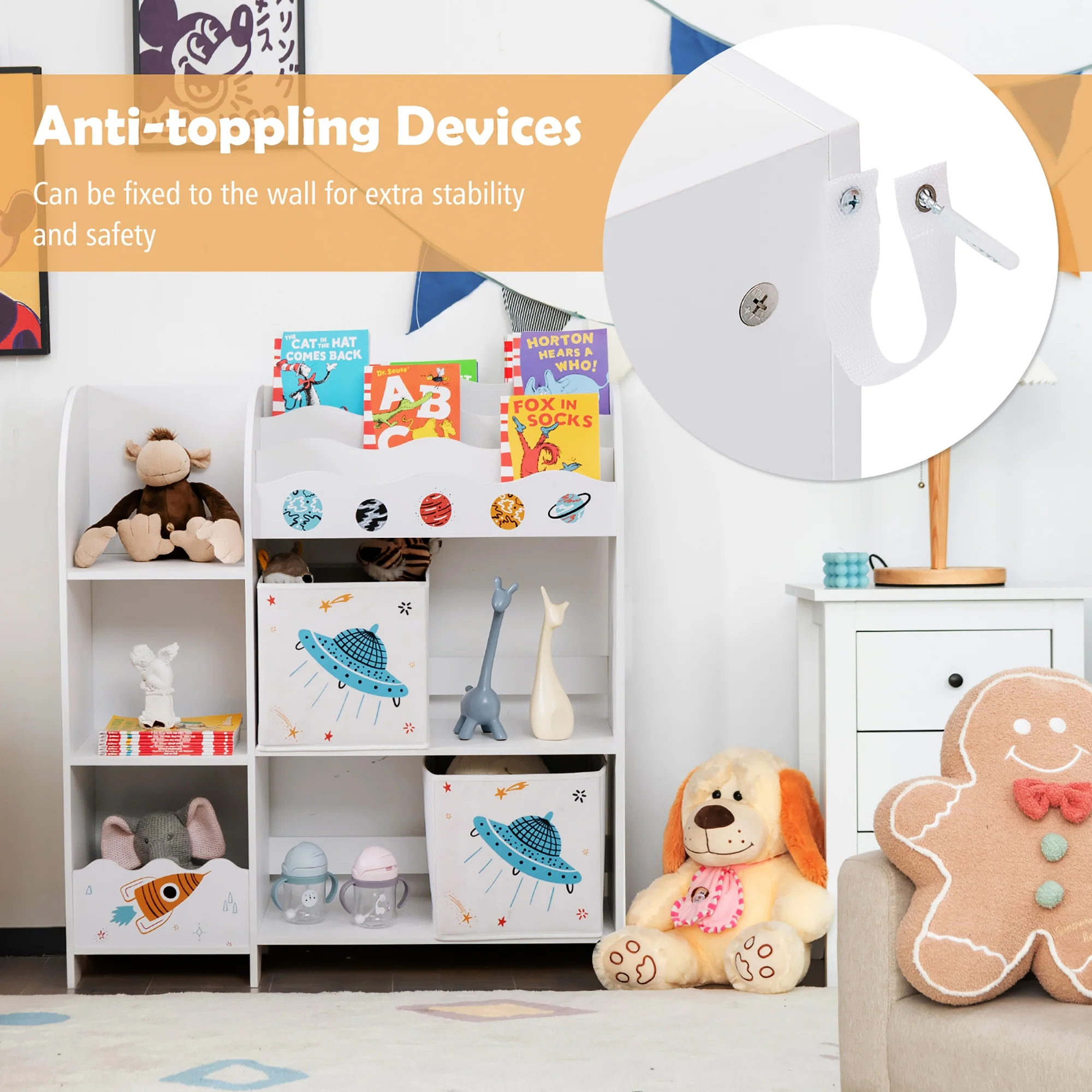 Kids Wooden Storage Cabinet, With Storage Bins, White - Image 9