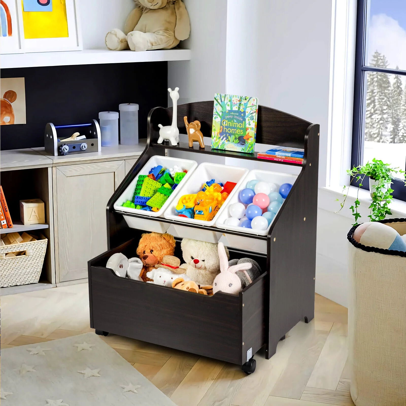 Kids Wooden Toy Storage Organizer, Rolling Toy Box, Plastic Bins, Dark Brown - Image 2