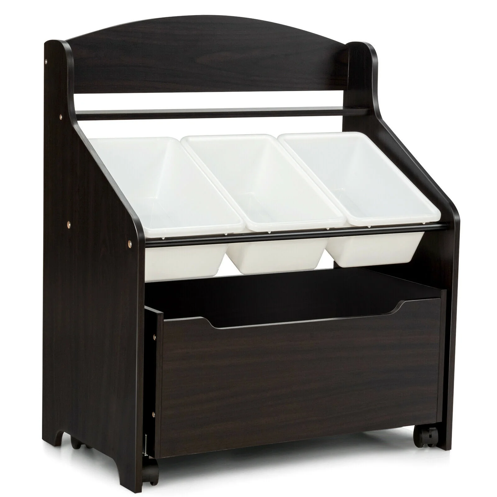 Kids Wooden Toy Storage Organizer, Rolling Toy Box, Plastic Bins, Dark Brown - Image 4