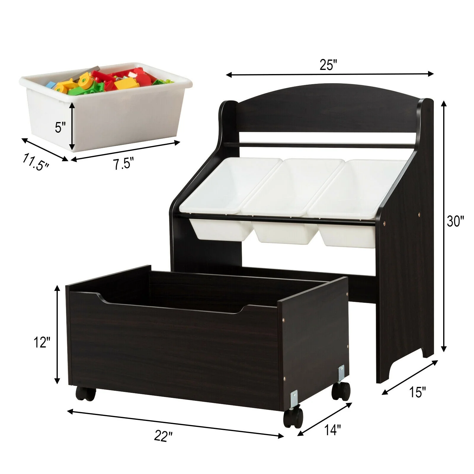 Kids Wooden Toy Storage Organizer, Rolling Toy Box, Plastic Bins, Dark Brown - Image 5
