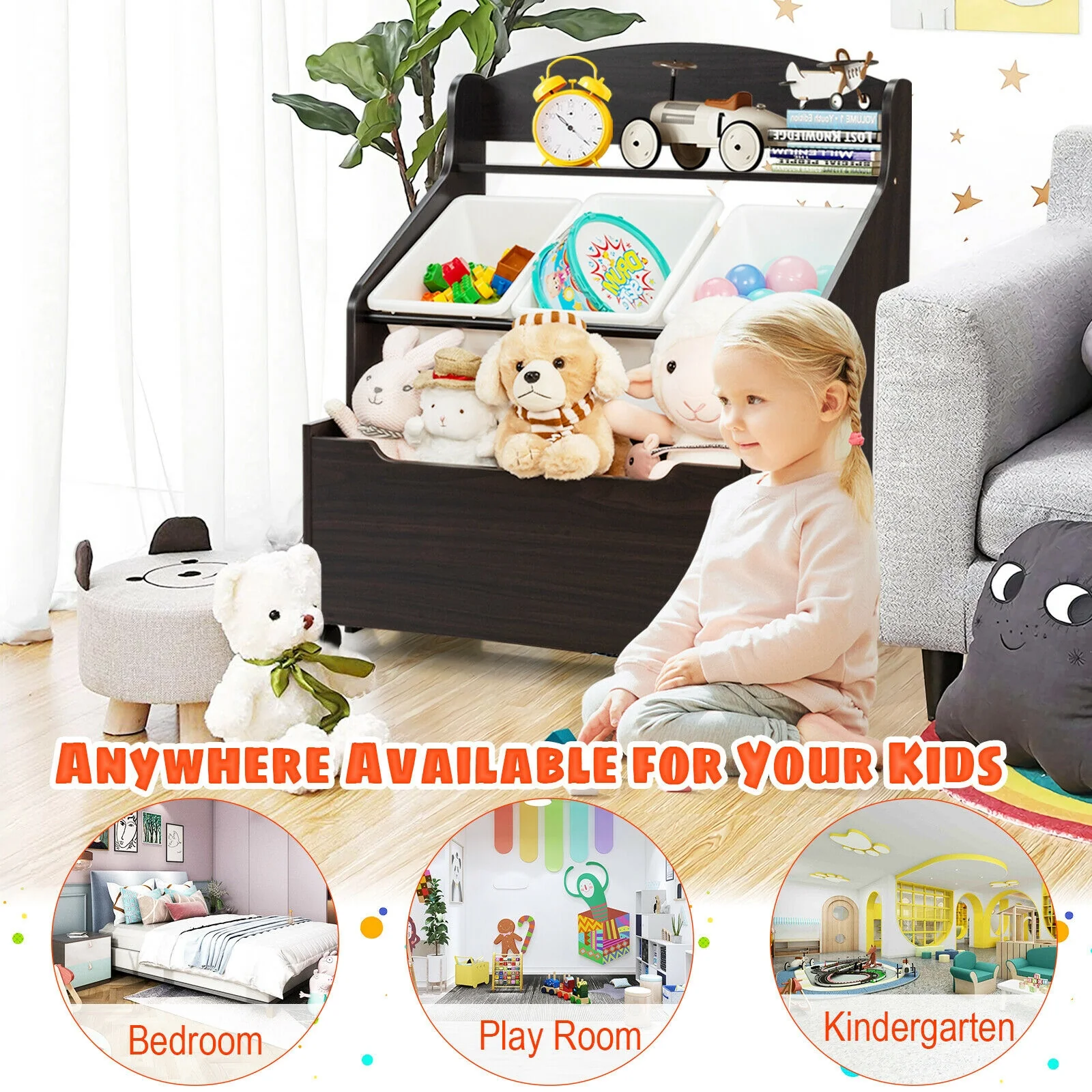 Kids Wooden Toy Storage Organizer, Rolling Toy Box, Plastic Bins, Dark Brown - Image 6
