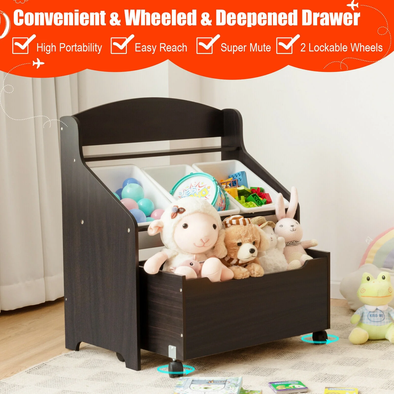 Kids Wooden Toy Storage Organizer, Rolling Toy Box, Plastic Bins, Dark Brown - Image 9