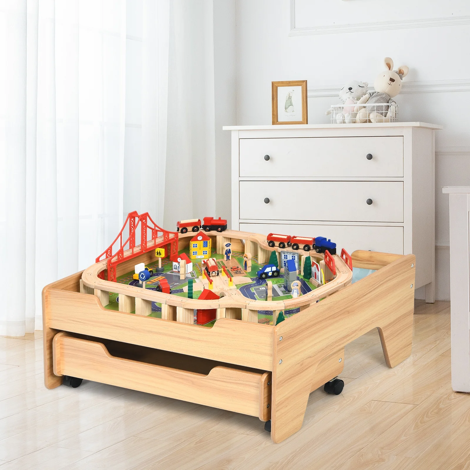 Kids Wooden Train Set Table, 100 Pieces, Lockable Wheels, Natural, Multicolor - Image 2