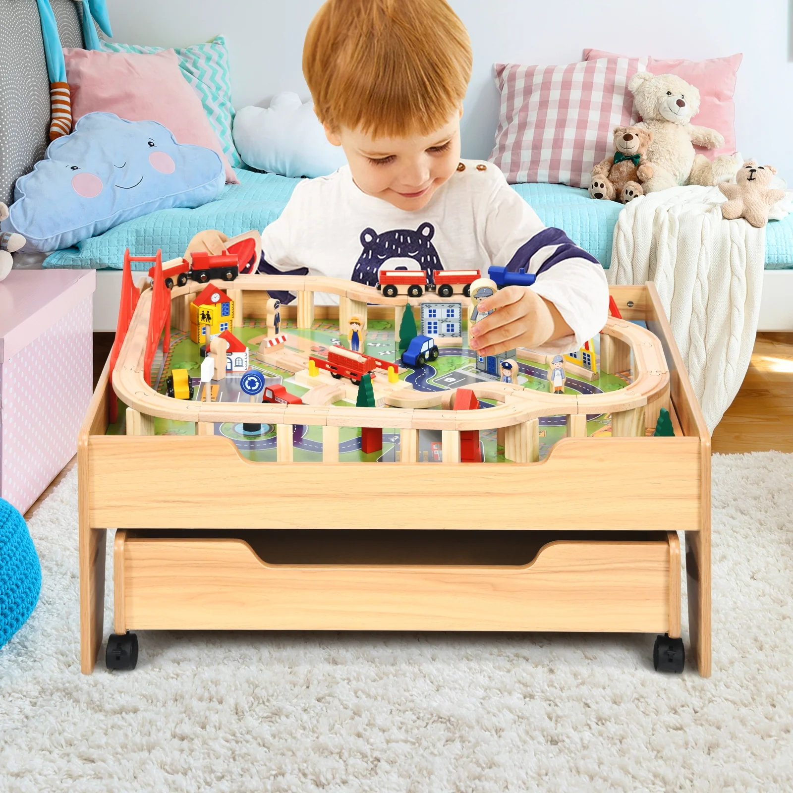 Kids Wooden Train Set Table, 100 Pieces, Lockable Wheels, Natural, Multicolor - Image 3