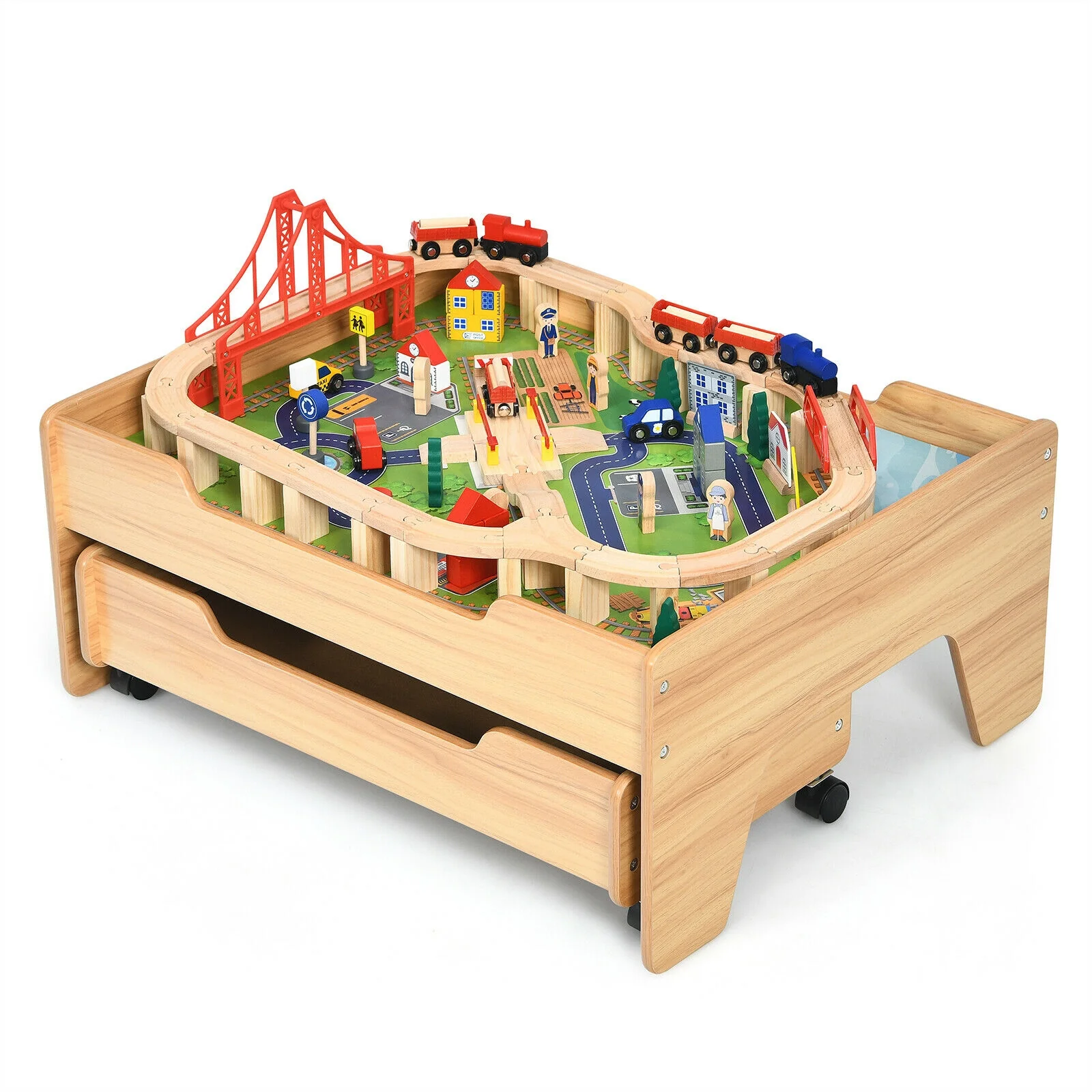 Kids Wooden Train Set Table, 100 Pieces, Lockable Wheels, Natural, Multicolor - Image 4