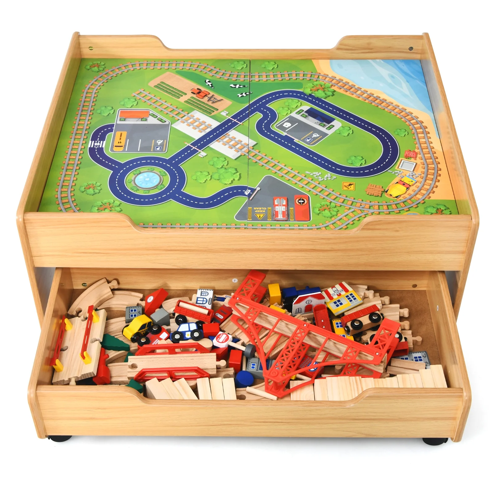 Kids Wooden Train Set Table, 100 Pieces, Lockable Wheels, Natural, Multicolor - Image 5