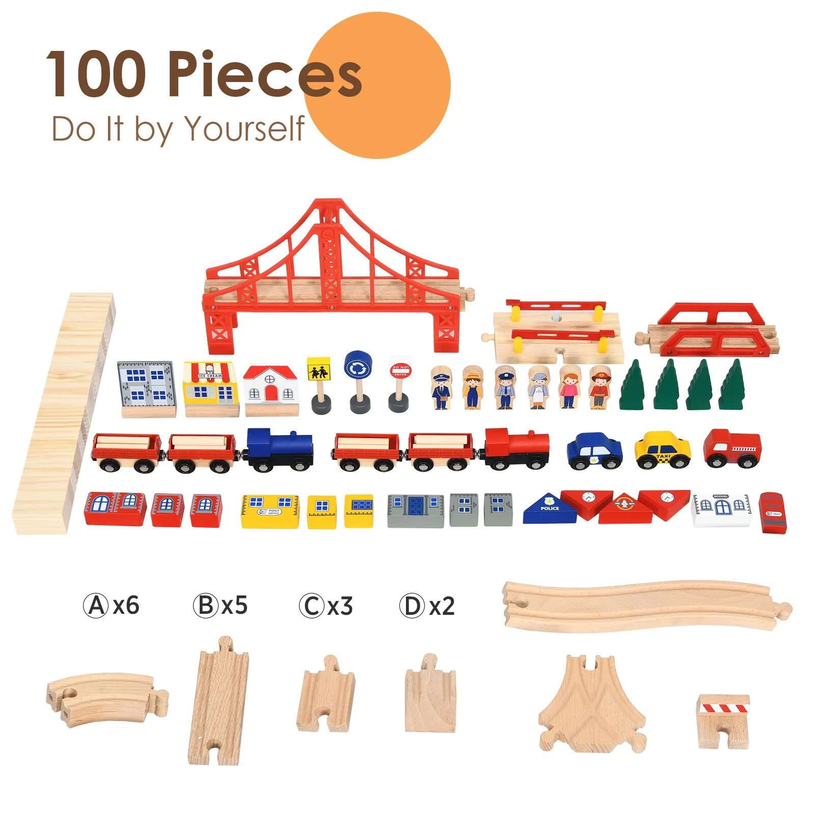 Kids Wooden Train Set Table, 100 Pieces, Lockable Wheels, Natural, Multicolor - Image 9
