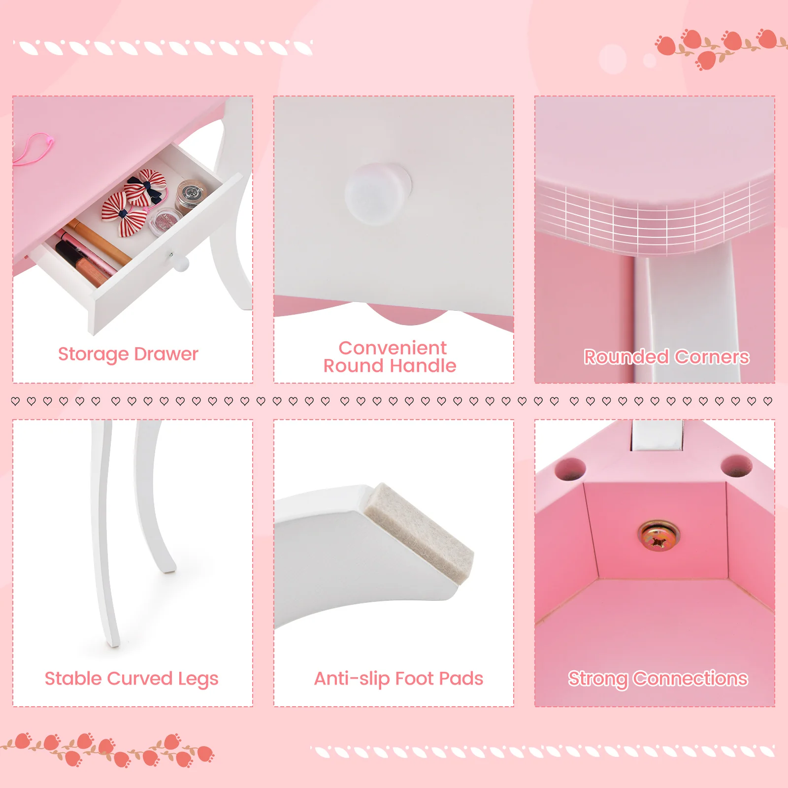 Kids Wooden Vanity Table, Stool Set, 3-Panel Acrylic Mirror, White - Image 10