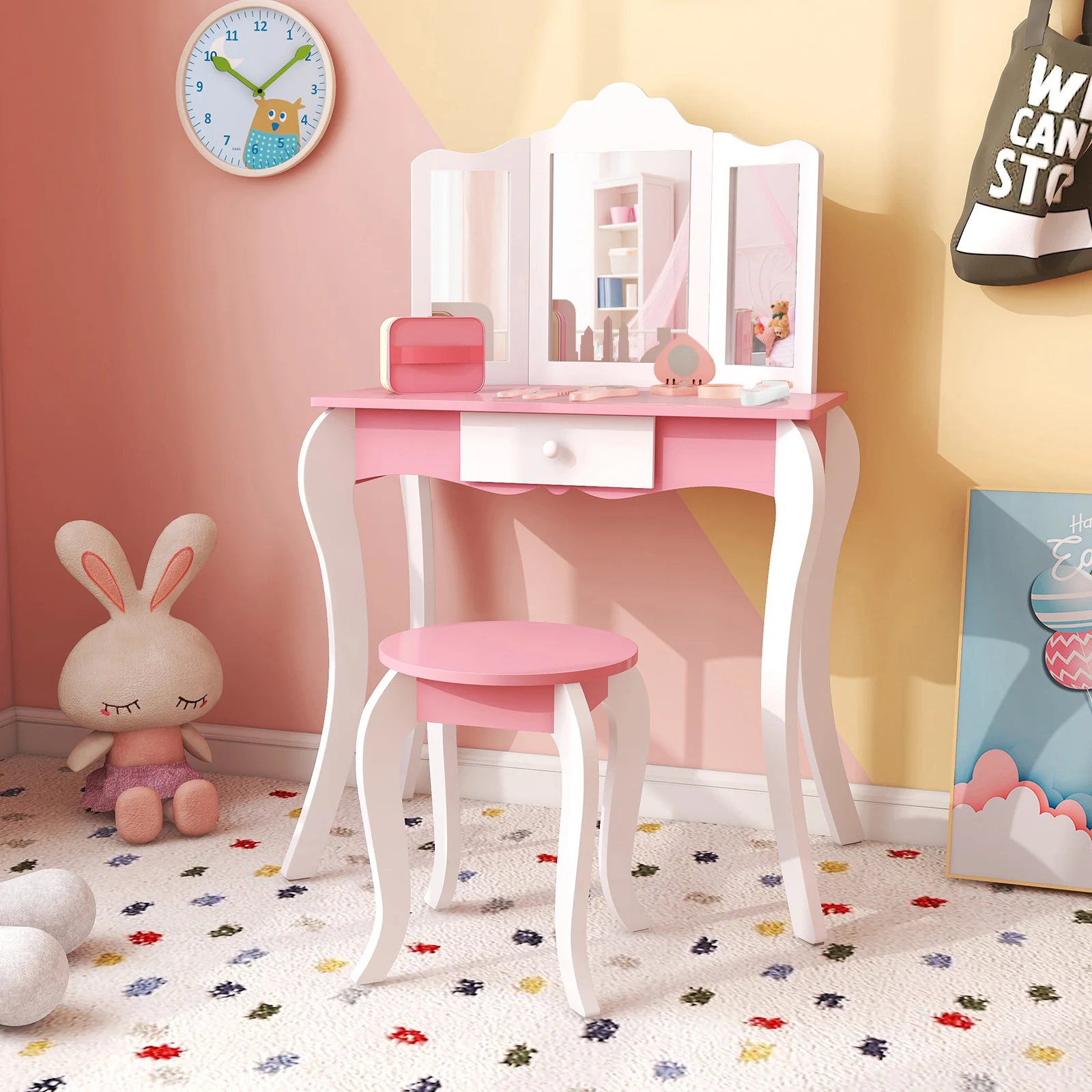 Kids Wooden Vanity Table, Stool Set, 3-Panel Acrylic Mirror, White - Image 3