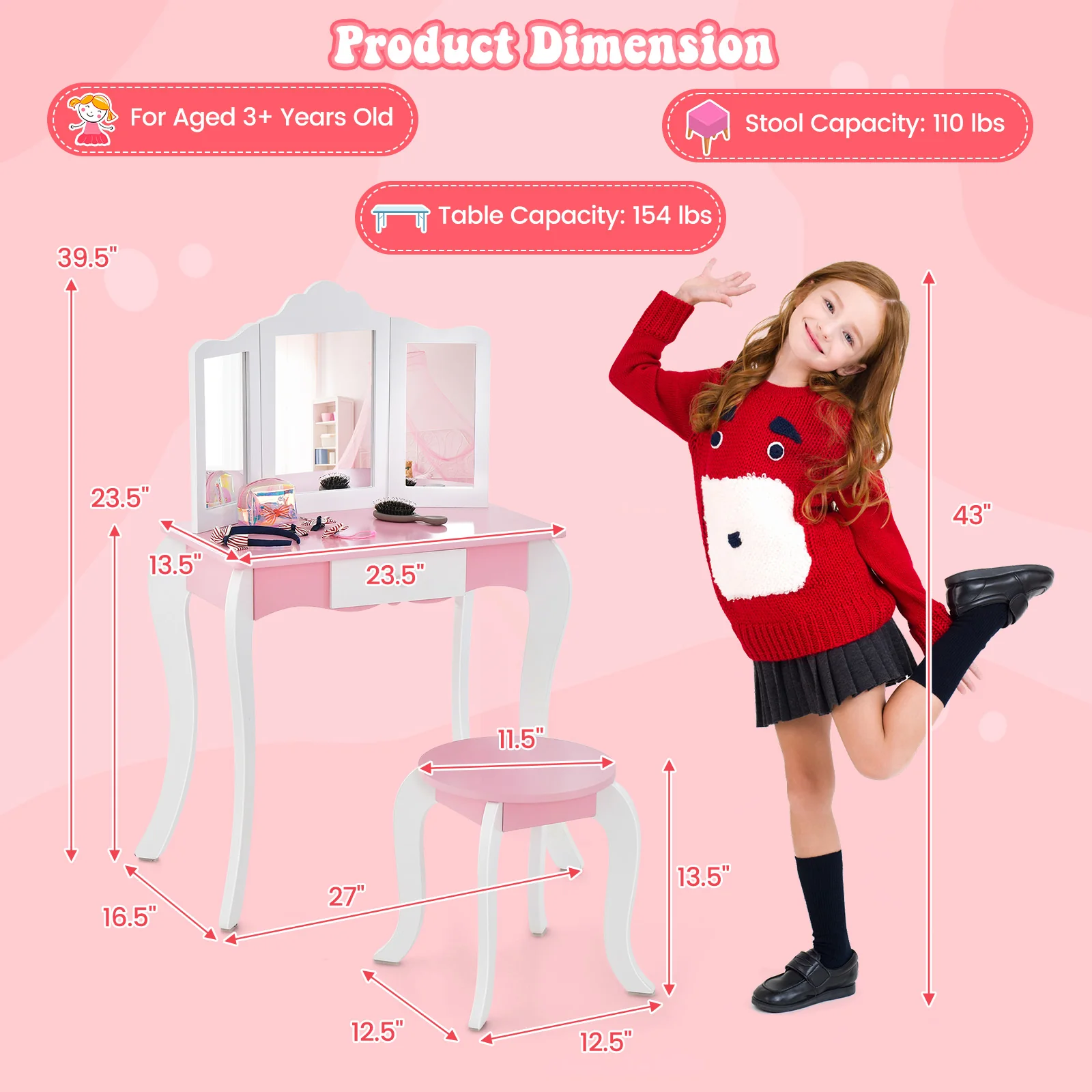Kids Wooden Vanity Table, Stool Set, 3-Panel Acrylic Mirror, White - Image 6