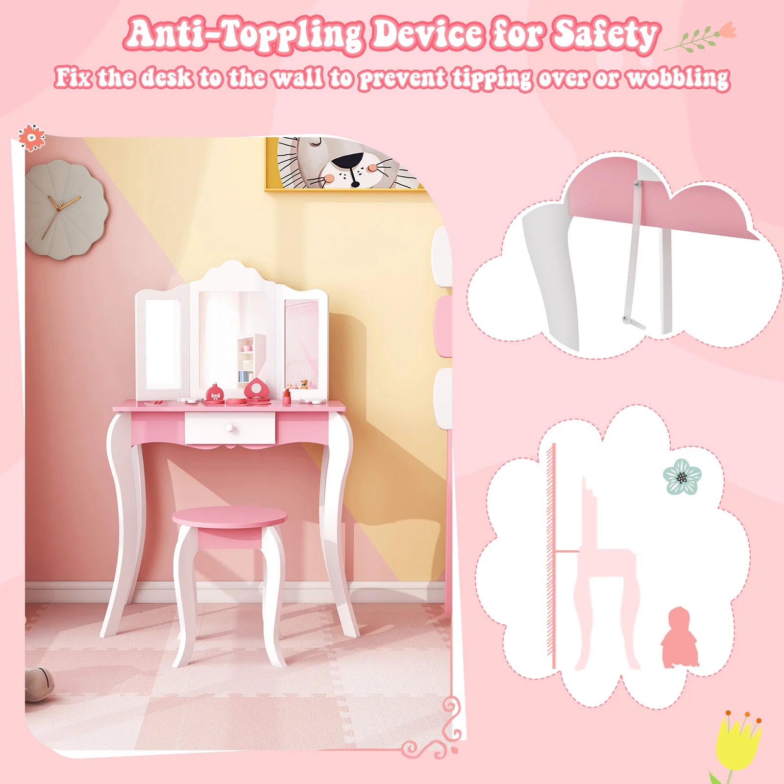 Kids Wooden Vanity Table, Stool Set, 3-Panel Acrylic Mirror, White - Image 9