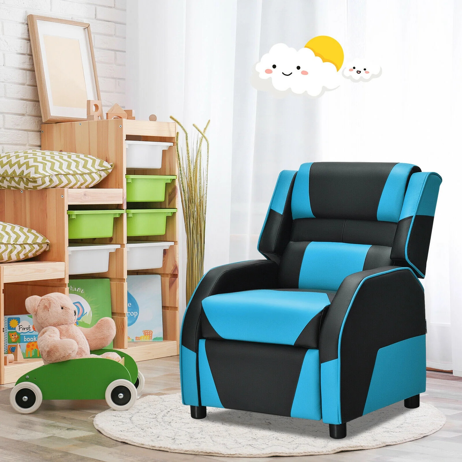 Kids Youth PU Leather Gaming Sofa Recliner, Blue - Image 2