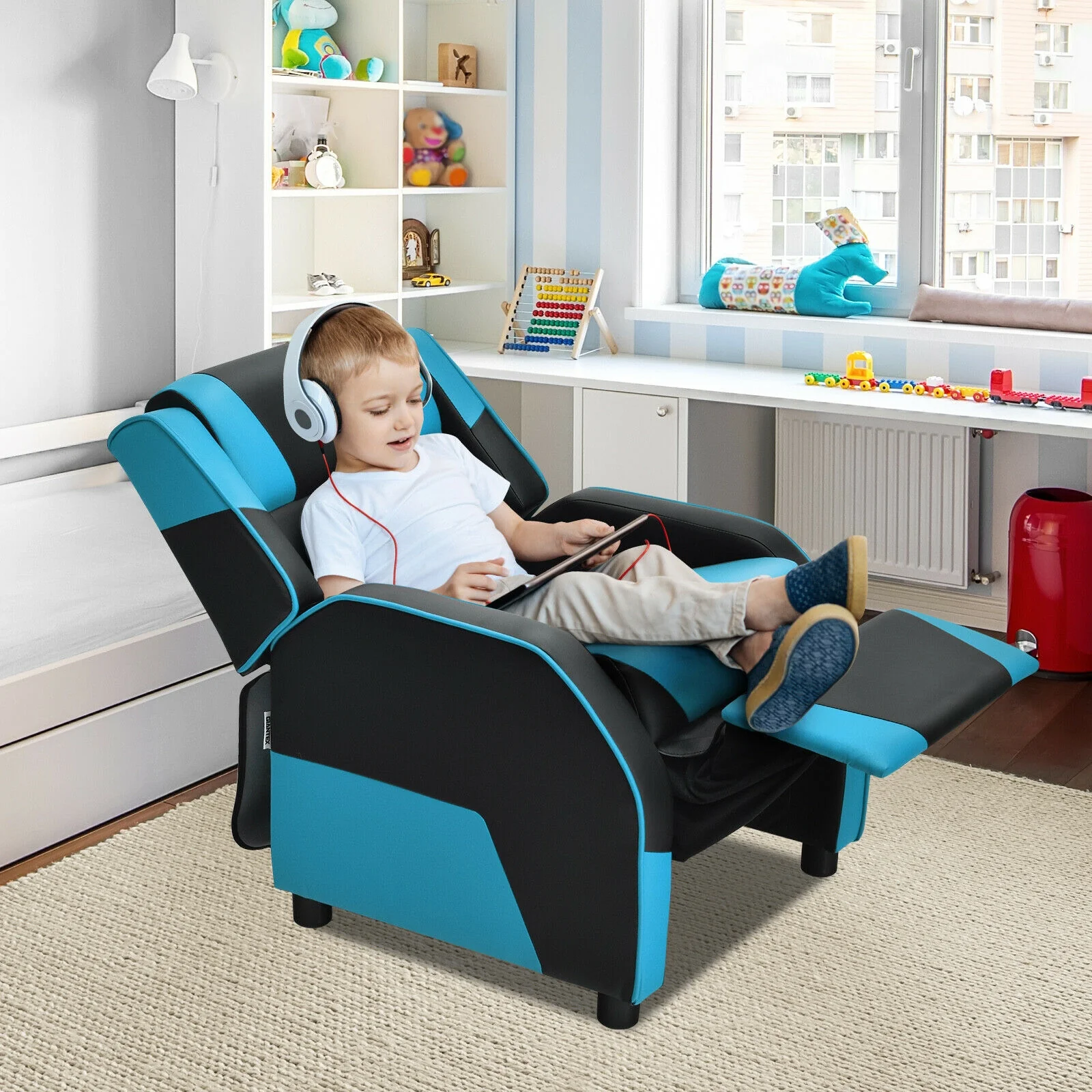 Kids Youth PU Leather Gaming Sofa Recliner, Blue - Image 3