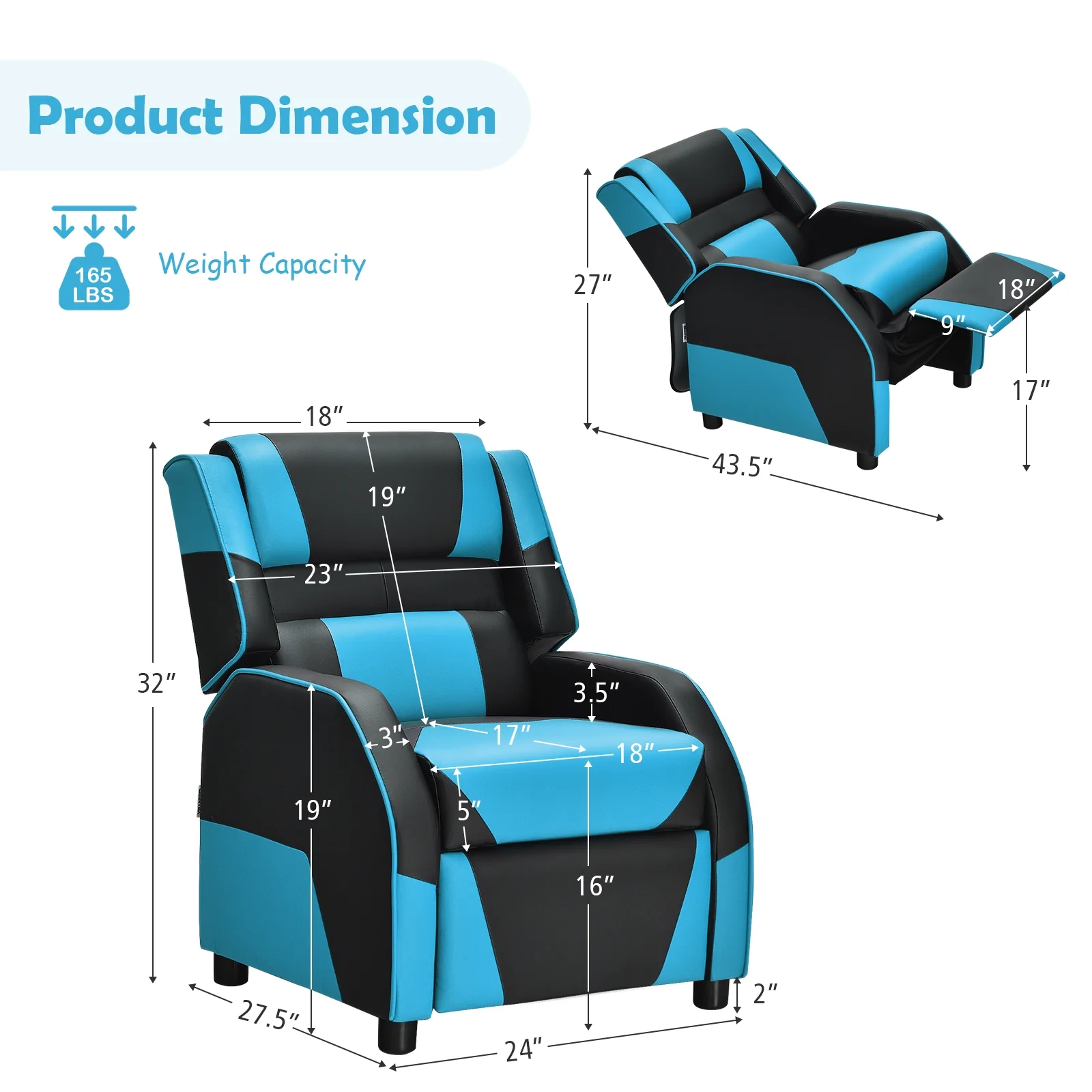 Kids Youth PU Leather Gaming Sofa Recliner, Blue - Image 6