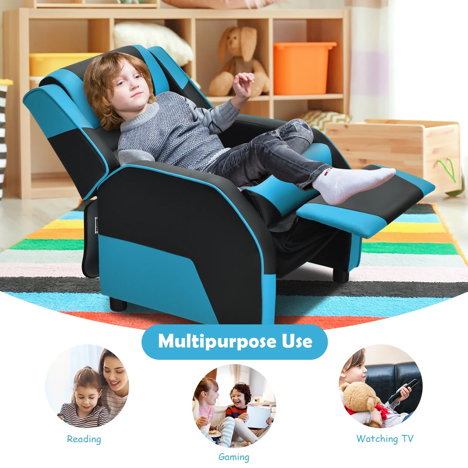 Kids Youth PU Leather Gaming Sofa Recliner, Blue - Image 7
