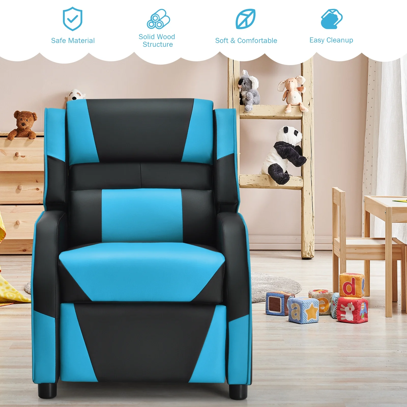 Kids Youth PU Leather Gaming Sofa Recliner, Blue - Image 8