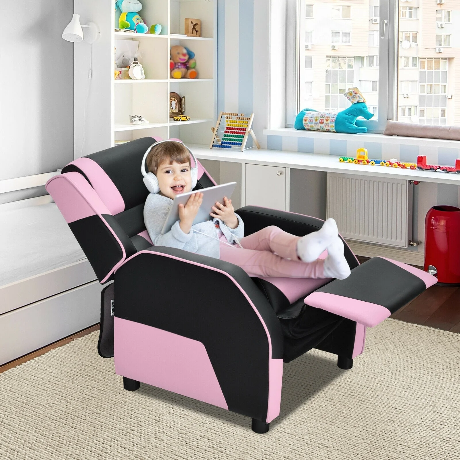 Kids Youth PU Leather Gaming Sofa Recliner, Pink - Image 2