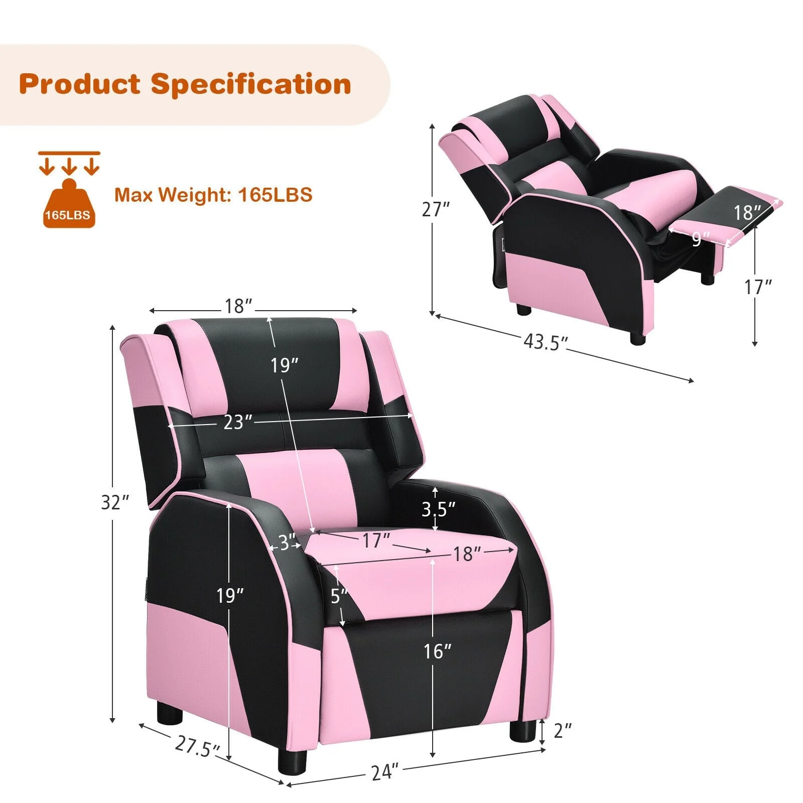 Kids Youth PU Leather Gaming Sofa Recliner, Pink - Image 5