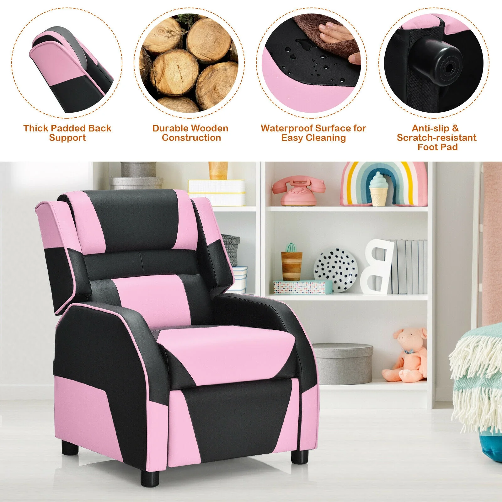 Kids Youth PU Leather Gaming Sofa Recliner, Pink - Image 6