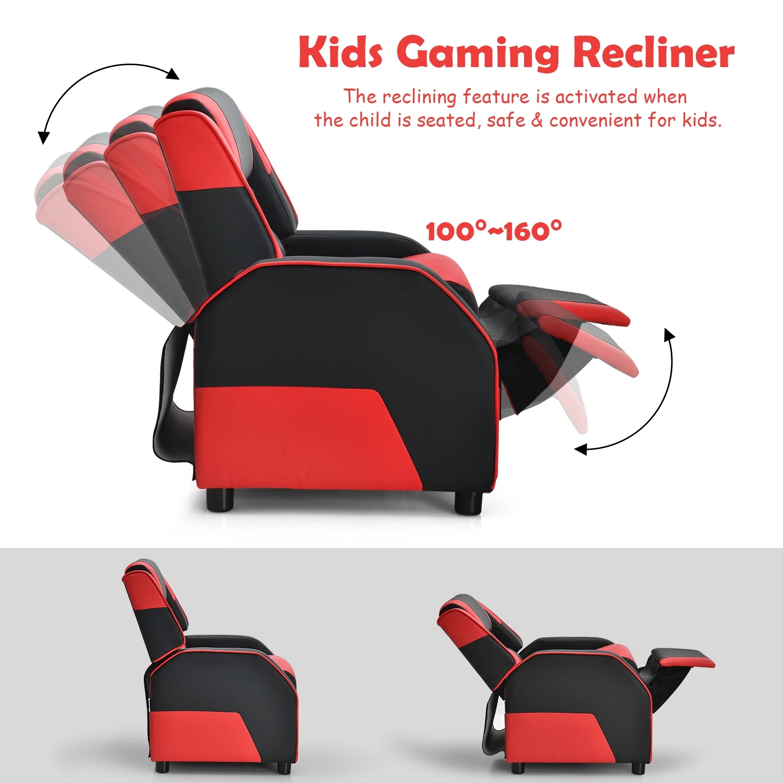 Kids Youth PU Leather Gaming Sofa Recliner, Red - Image 10