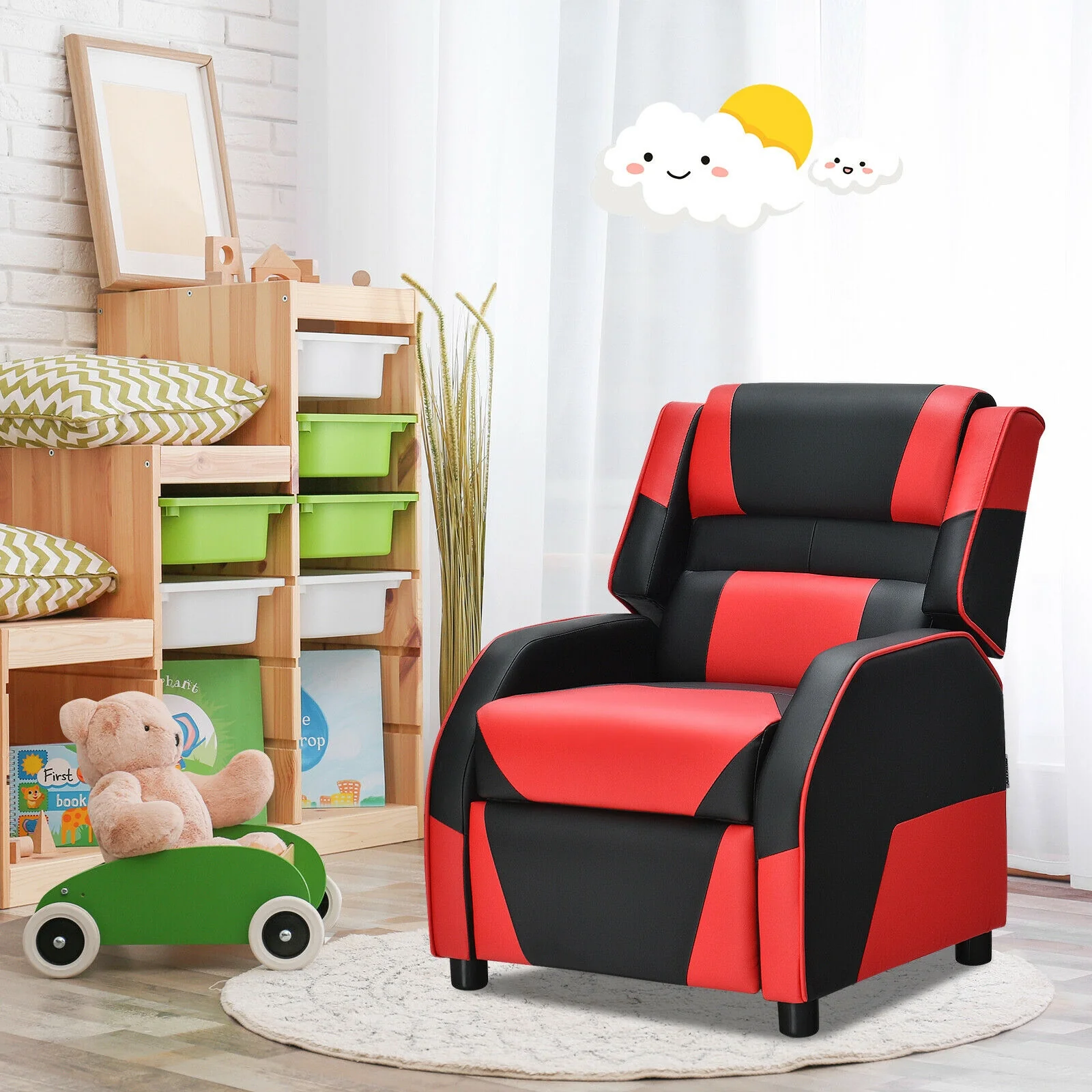 Kids Youth PU Leather Gaming Sofa Recliner, Red - Image 2