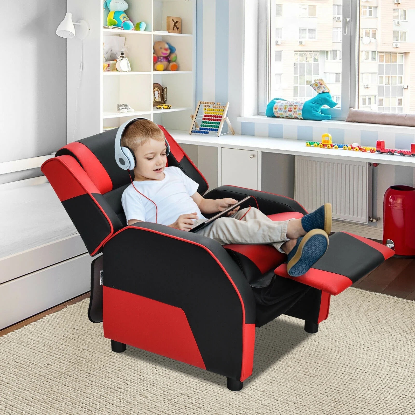 Kids Youth PU Leather Gaming Sofa Recliner, Red - Image 3