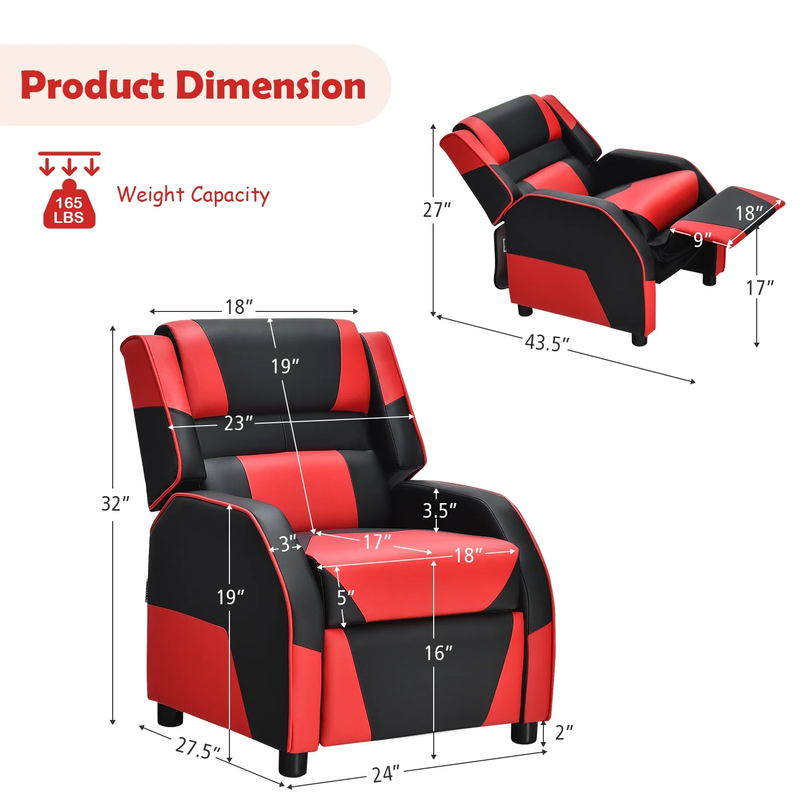 Kids Youth PU Leather Gaming Sofa Recliner, Red - Image 5