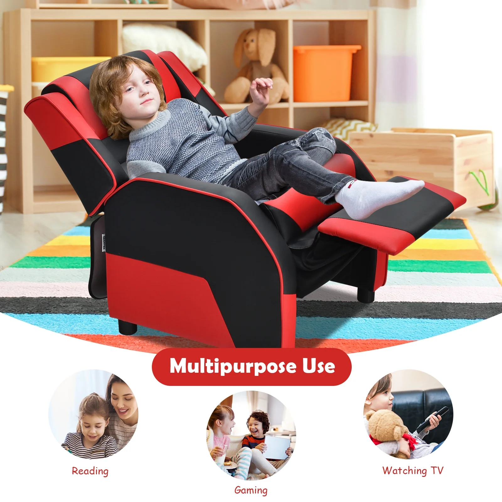 Kids Youth PU Leather Gaming Sofa Recliner, Red - Image 6