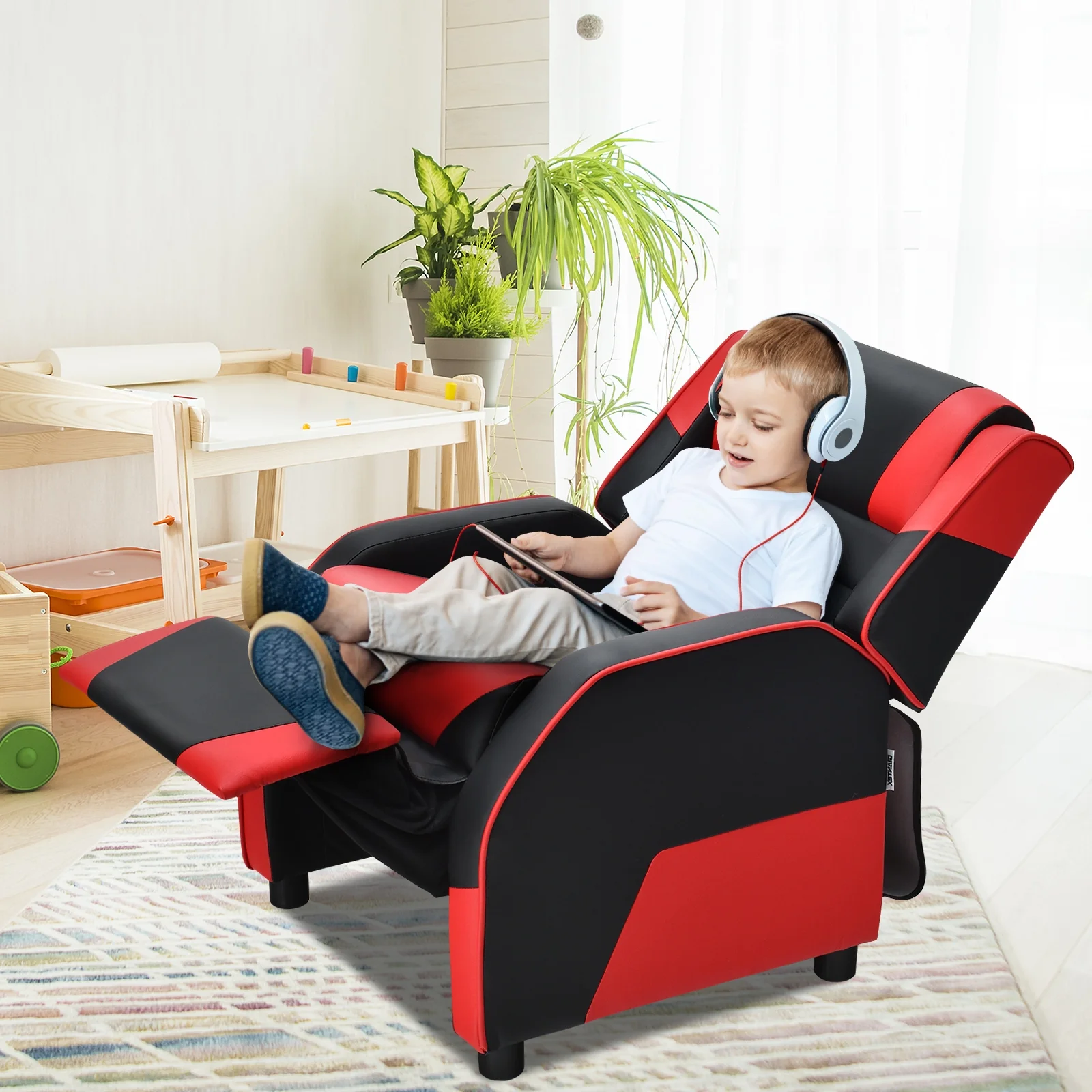 Kids Youth PU Leather Gaming Sofa Recliner, Red - Image 7