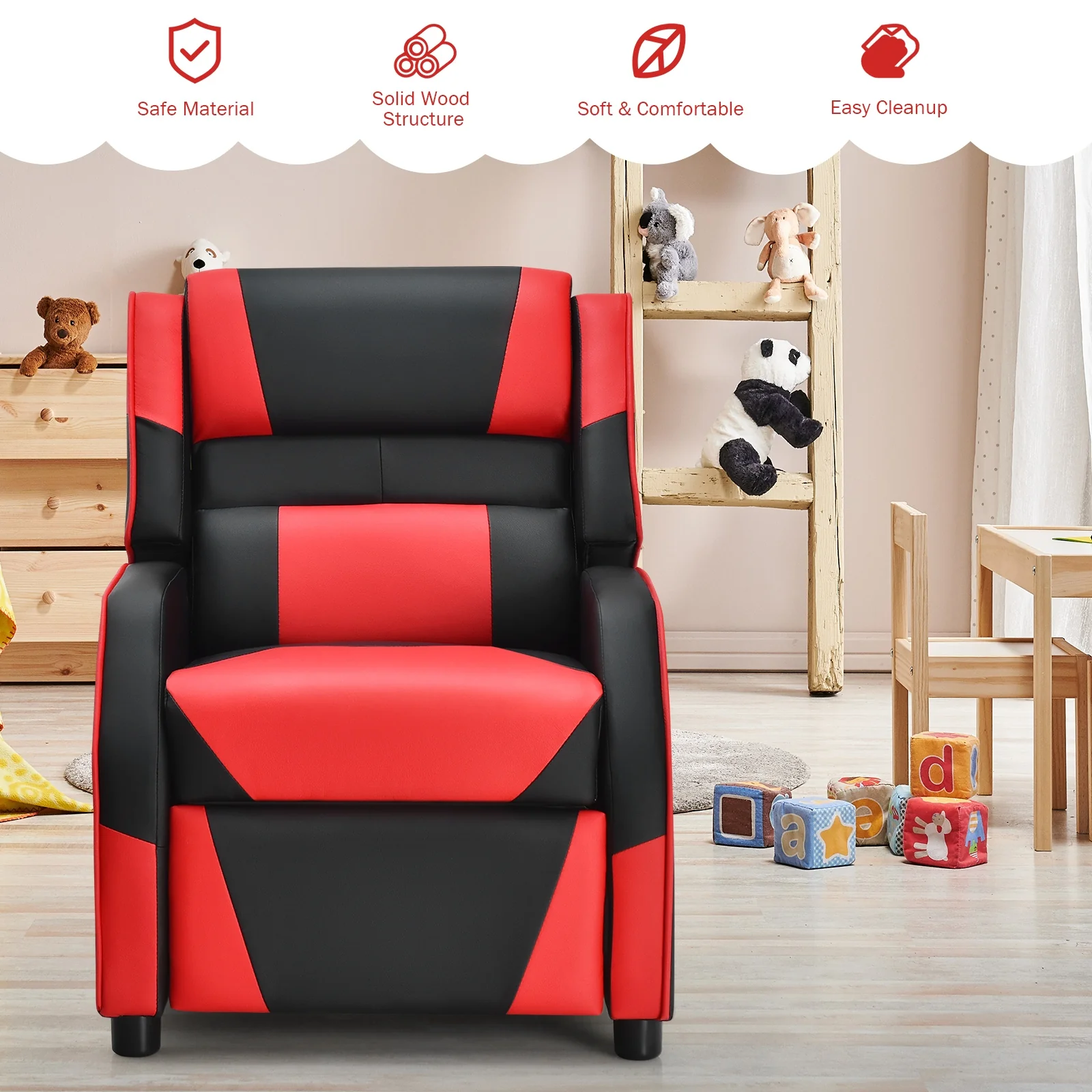 Kids Youth PU Leather Gaming Sofa Recliner, Red - Image 8