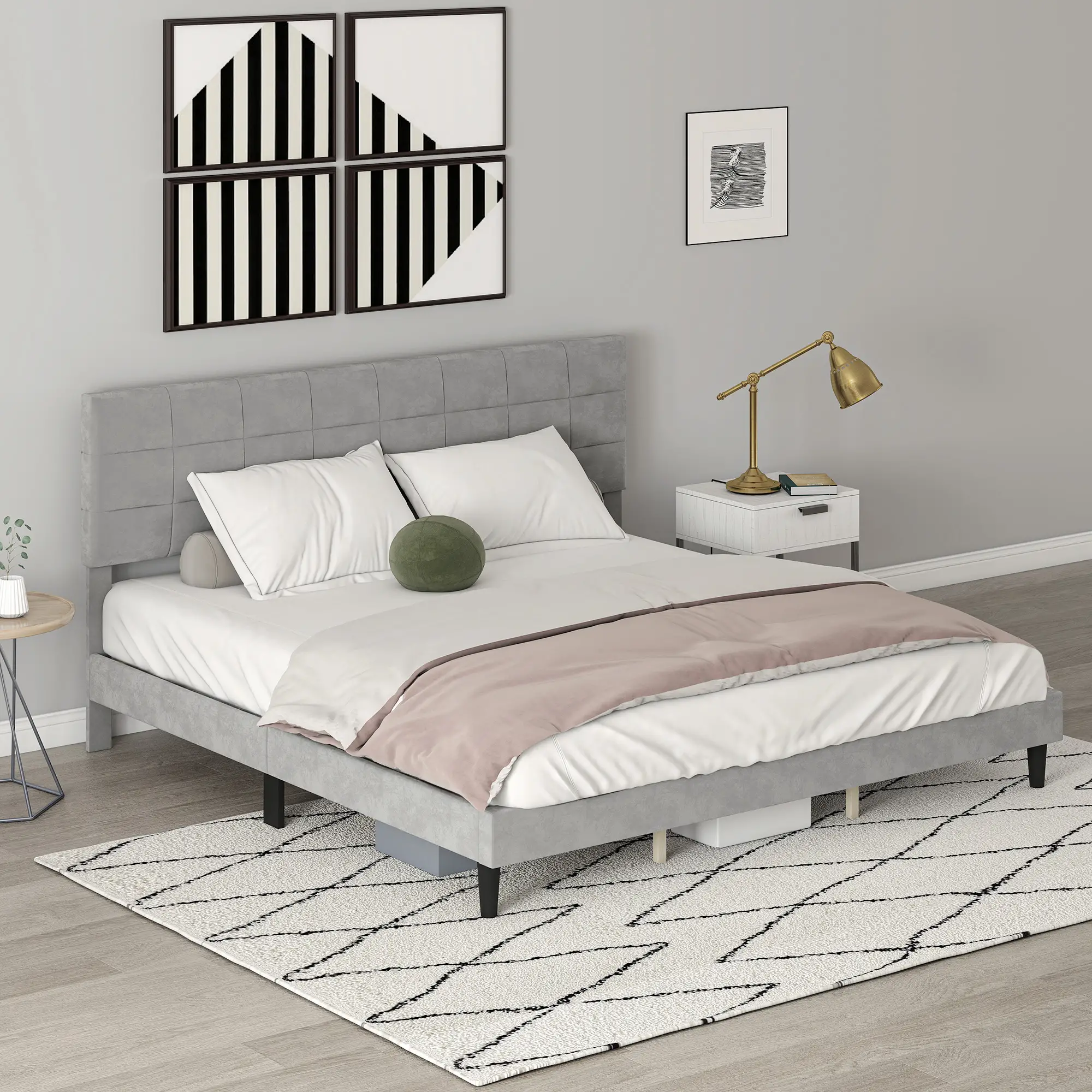 King Size Bed Frame, Upholstered Headboard, Wood Slats, 1100 lbs, Grey - Image 10